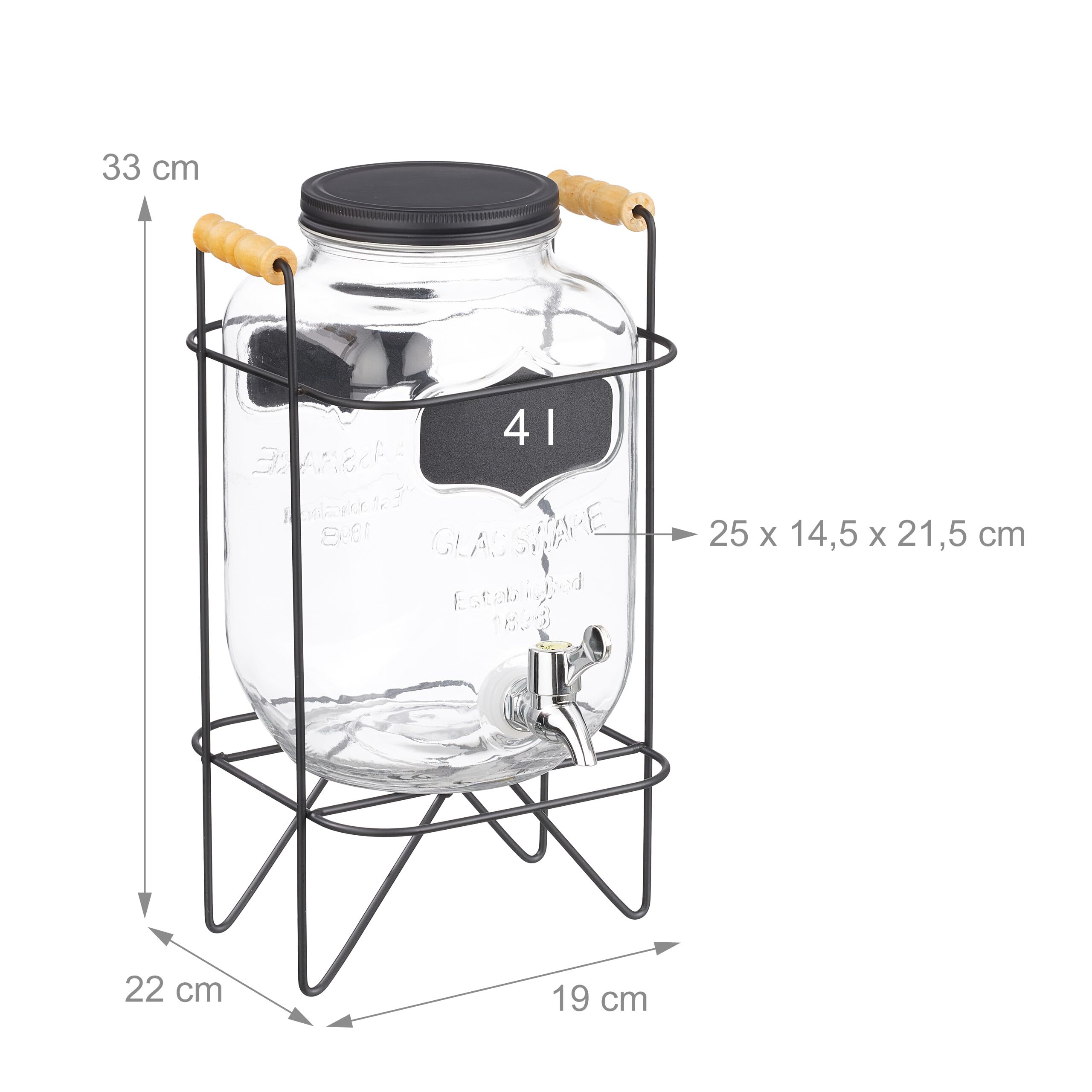 Relaxdays Dispensador Bebidas con Soporte, Recipiente Limonada 4 L, Grifo de Hierro y Tapa, Cristal, Transparente/Negro