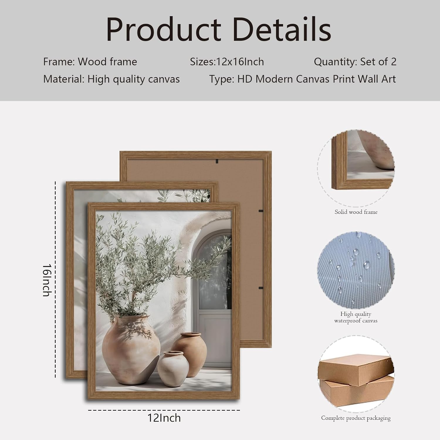 Mediterranean Wall Art Set of 2 with Wooden Frame – Olive Tree and Pottery Prints, Neutral Botanical Mediterranean Painting, Framed Picture Wall Decor 12x16 Inch