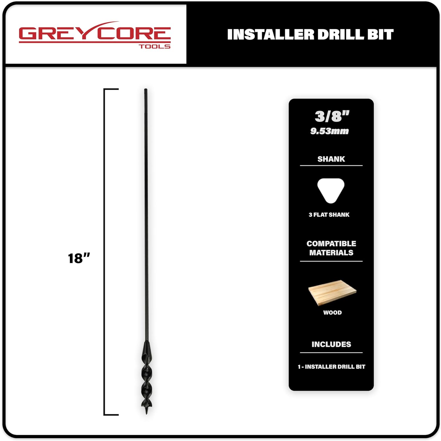 Greycore Tools 3/8 Inch x 18 Inch Flexible Drill Bit for Wire Pulling and Fishing, Auger Head Installer Drill Bit, Fish Bit for Pulling Wires in Walls (3/8" x 18" Installer)