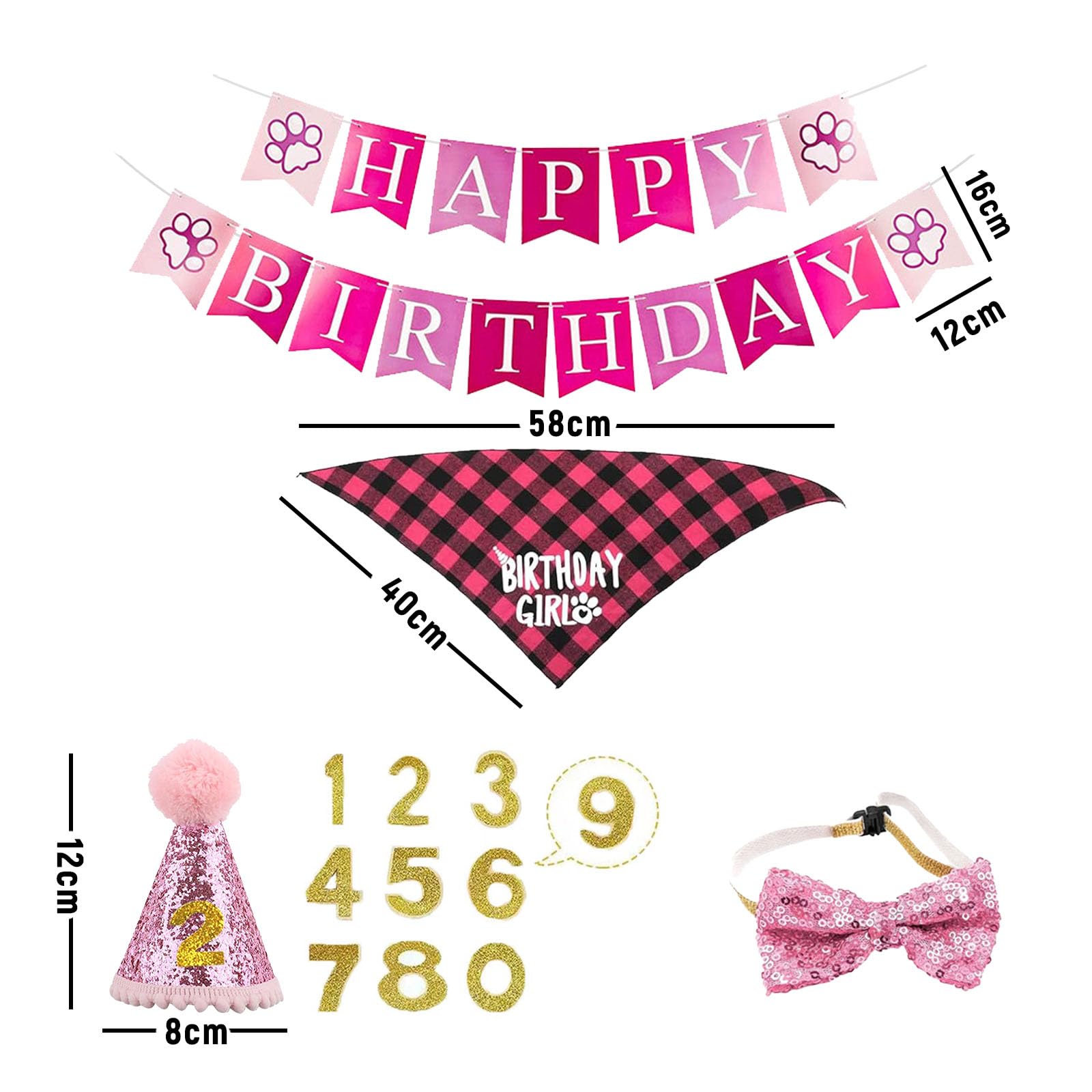 Hondenverjaardagshoed, bandana-set, 5 stuks honden, verjaardagsbandana, muts met 10 blingnummers en Happy Birthday-banner voor kleine, middelgrote en grote honden, hondenverjaardagsdecoratie (roze