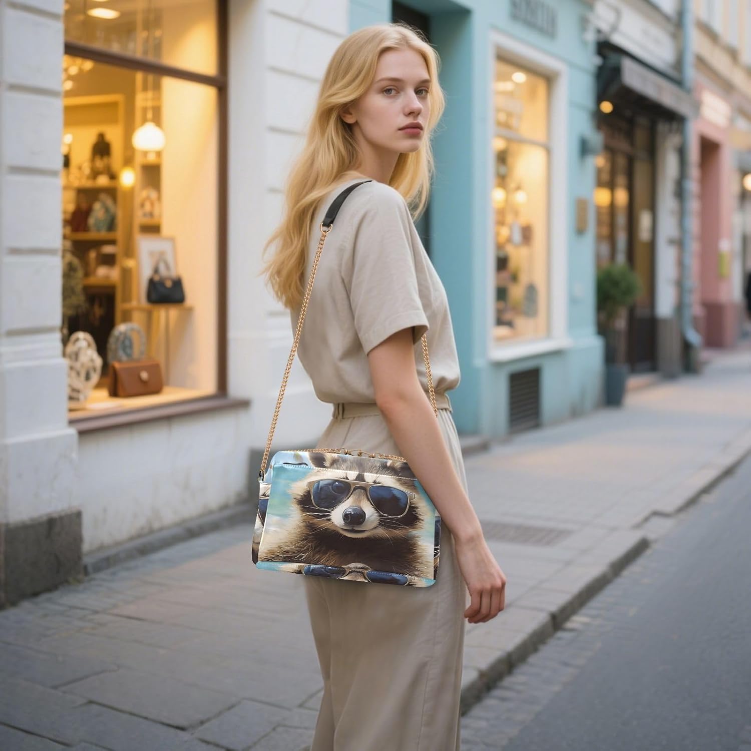 Beach Raccoon Women's PU Leather Crossbody Bag Shoulder Handbag Cellphone Purse with Metal Chain Strap Water Resistant Zipper Closure