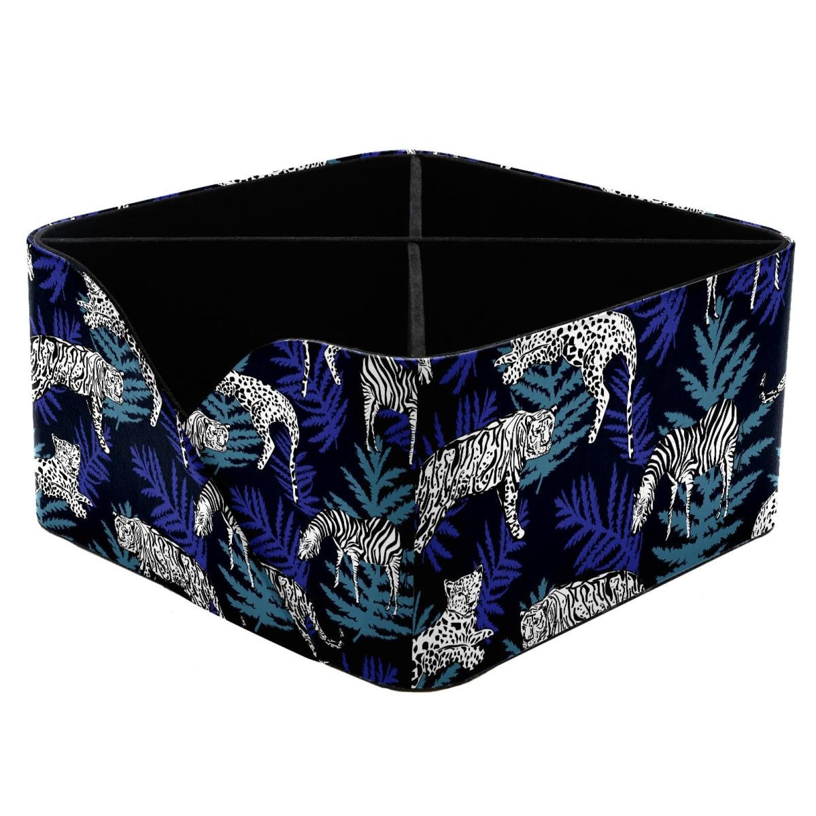 KengjuTesu Leopard Zebra Tiger and Exotic Leaves Pattern Desktop Organizer Pen Holder, Rectangular Pencil Cup for Office, Study and Makeup Stations