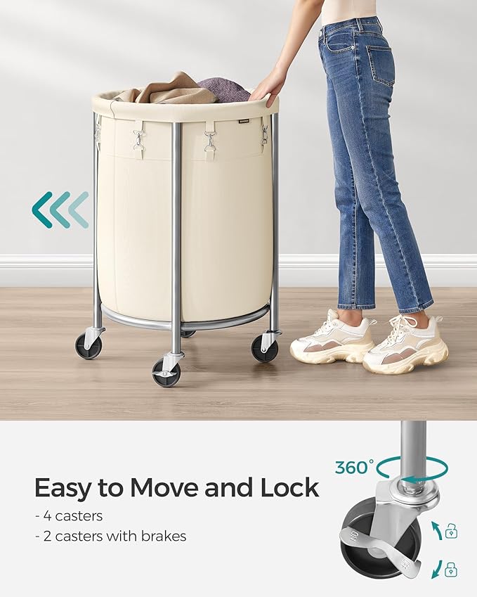 SONGMICS Laundry Basket with Wheels, 29 Gal., Cream and Silver URLS002W01