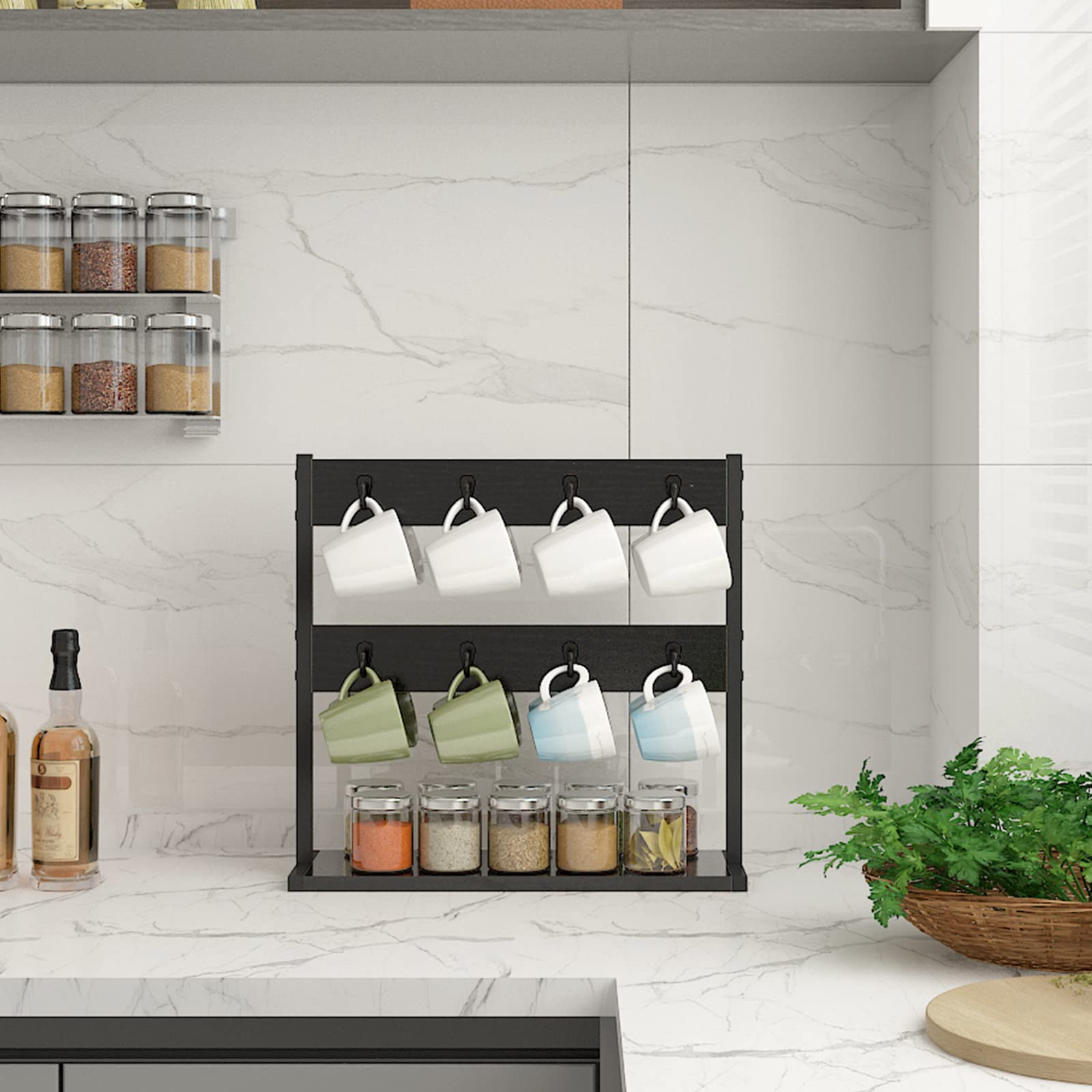 IBUYKE Porta tazzine da caffè con 16 Ganci e Ripiano Portaoggetti, Espositore per Tazze da caffè, per Cucina, Sala da Pranzo, Sala da tè, Nero TBJ001B