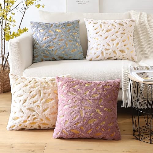 Miniatura 8 de OTOSTAR Juego de 2 fundas de almohada decorativas de lujo de 18 x 18 pulgadas, piel sintética suave con plumas estampadas doradas, fundas de cojín