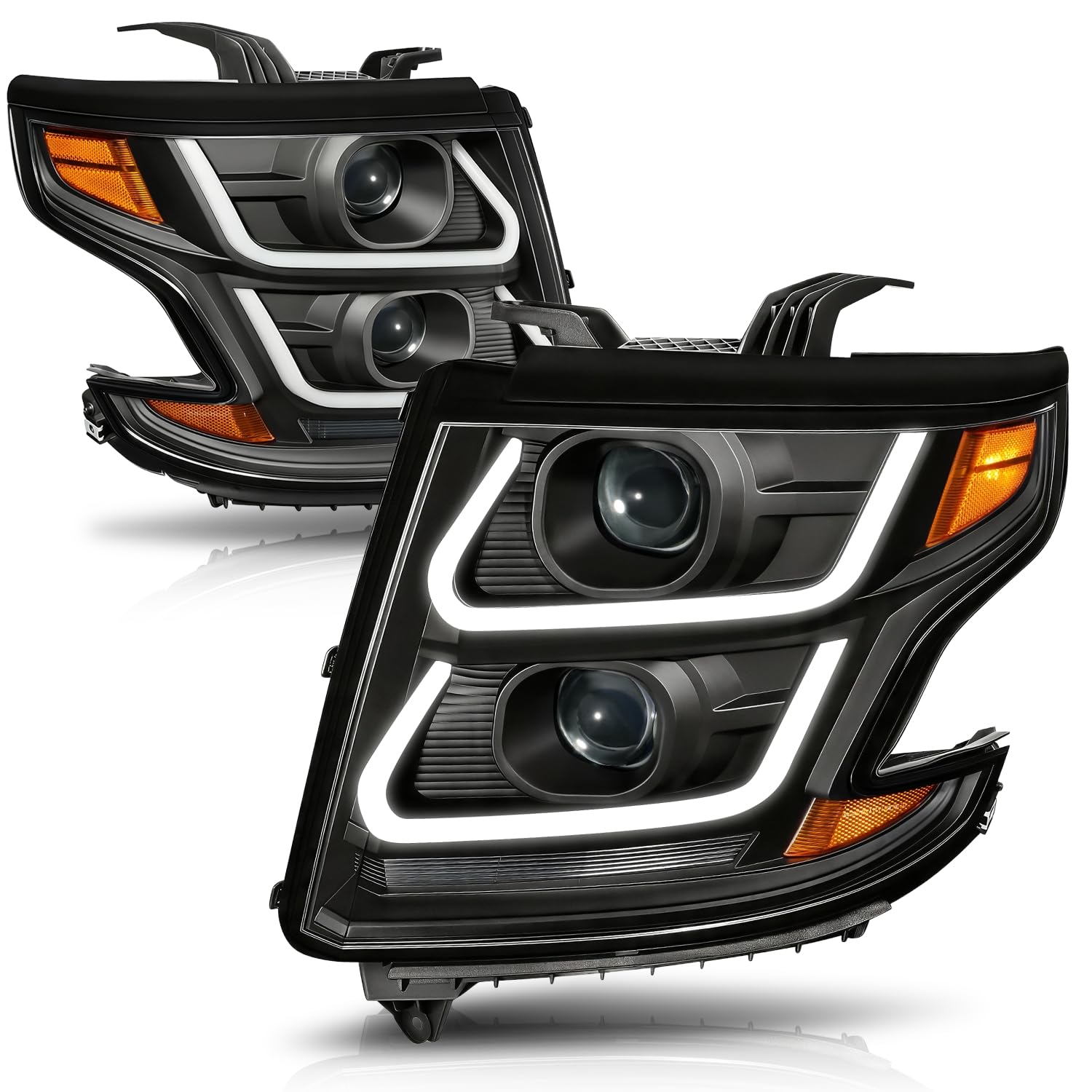 Auto Dynasty 3D LED DRL Headlights Assembly for 15-20 Chevy Suburban Tahoe | Dual Projector Headlamps Replacement for 2015 2016 2017 2018 2019 2020