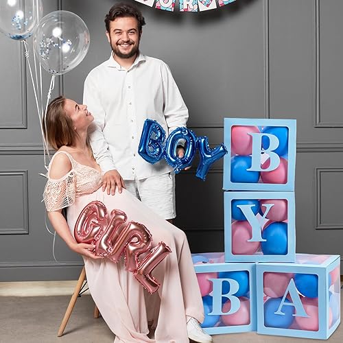 Miniatura 6 de RUBFAC Cajas de bebé con letras para baby shower, caja de bloque transparente azul, cajas de globos transparentes, decoración de fiesta de