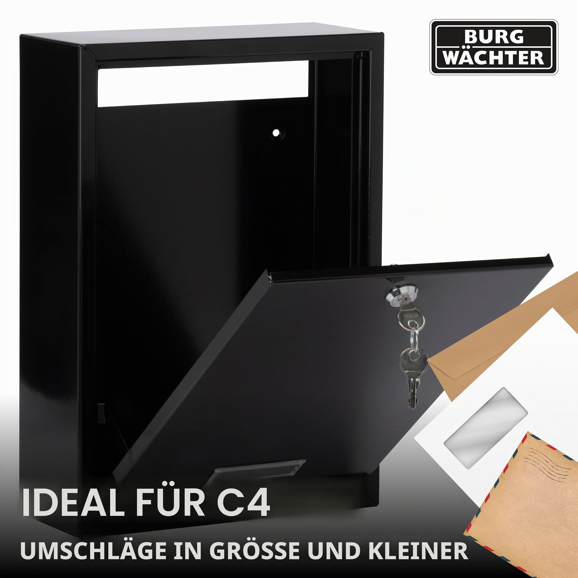Burg Wächter MB11BK Forth Hintertüre und wandmontierter, abschließbarer, wetterfester Briefkasten aus verzinktem Stahl — Forth Schwarz — 251 x 354 x 100 mm