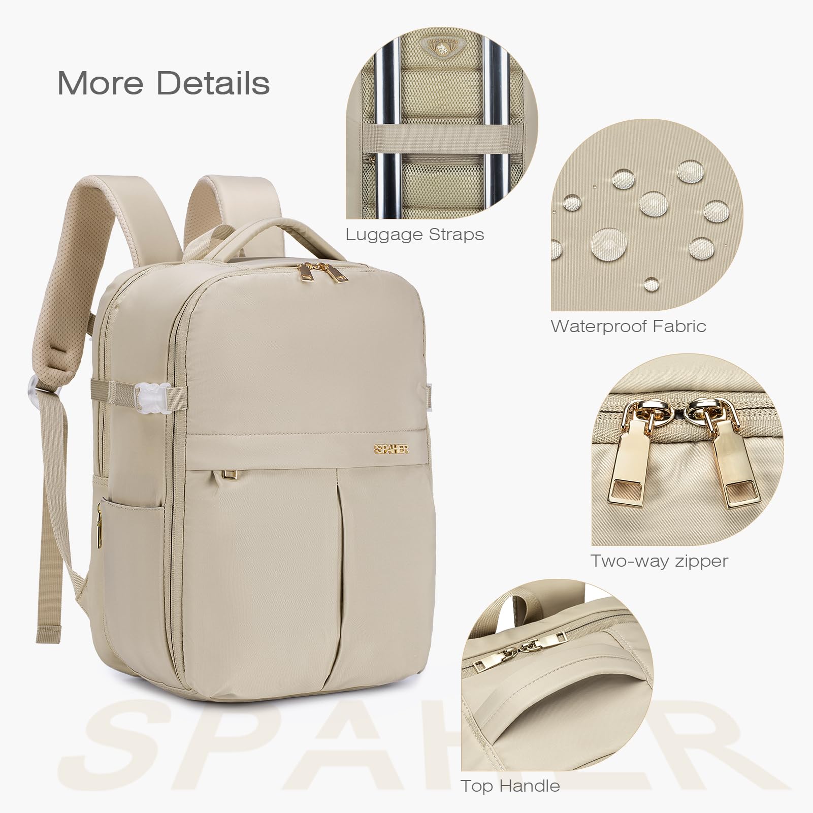 SPAHER Bagaglio a Mano 40x30x20 Wizzair Vueling Zaino Porta PC 15.6 Pollici Zaino da Viaggio Aereo Borse da Cabina per Easyjet Borsa Zainetto Lavoro Impermeabile per Scuola Trekking Lavoro 25L Beige
