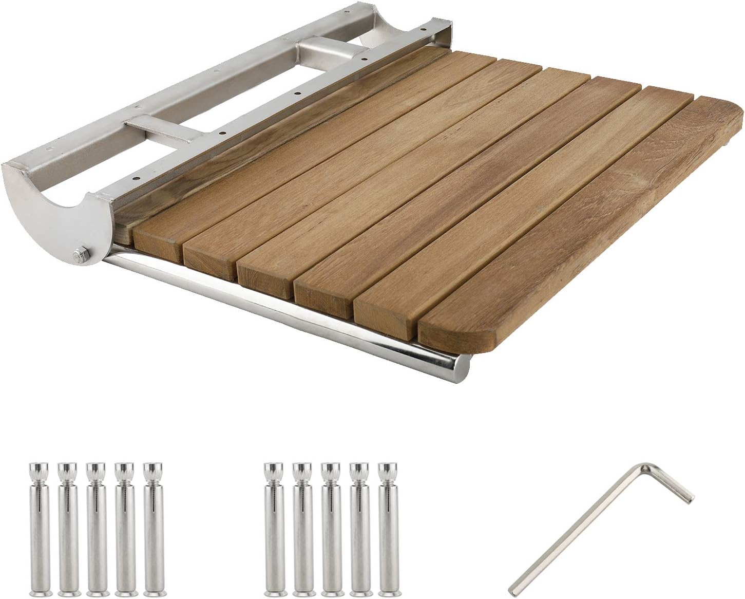 18"x16" Wall Mounted Teak Folding Shower Seat Bench Bathroom Stool Solid Wood Fold Down & 316 Stainless Steel Accessories