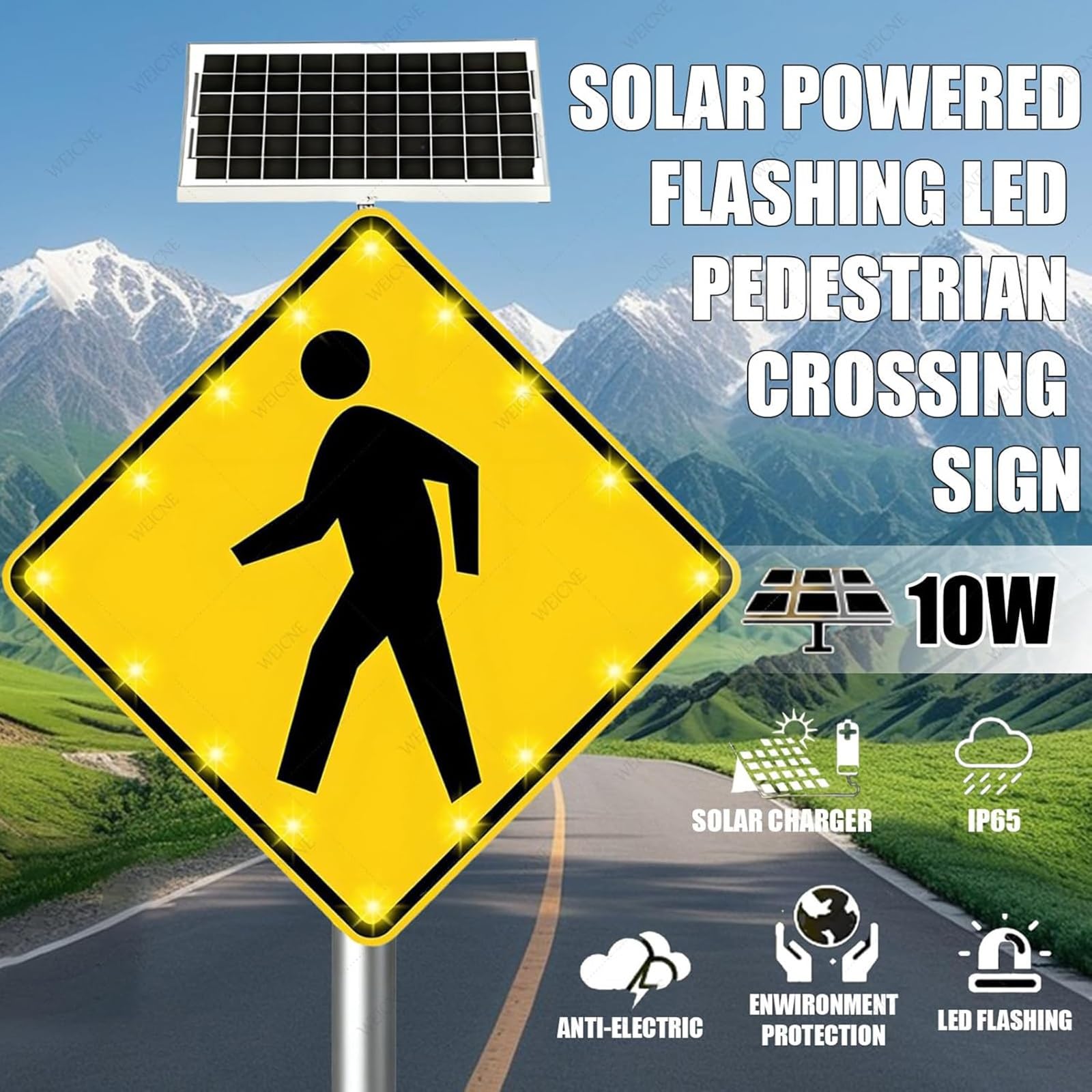 Señal solar LED intermitente de cruce peatonal, advertencia de tráfico de alta visibilidad, letrero de metal reflectante de aluminio para cruces peatonales, impermeable IP65
