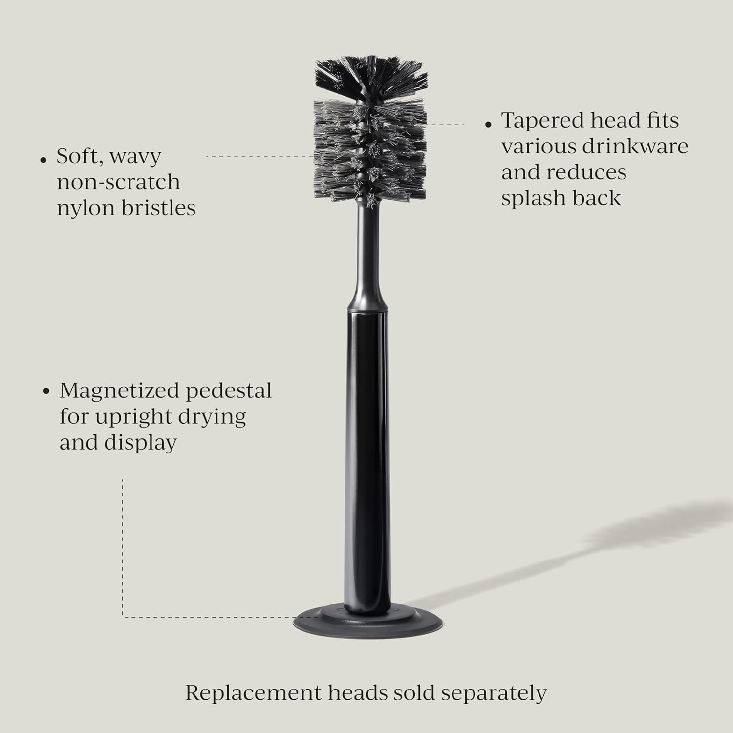 Curio Home Goods Ionic Bottle Brush, Magnetized to Stand Upright, Stainless Steel with Replaceable Head, Onyx/Black