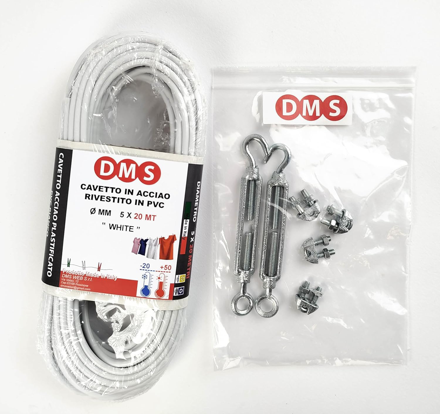 DMS Hilo para tender la ropa de exterior, 20 m x 4,5 mm de diámetro, resistente, cable de acero revestido, tendedero fabricado en Italia (20 m)