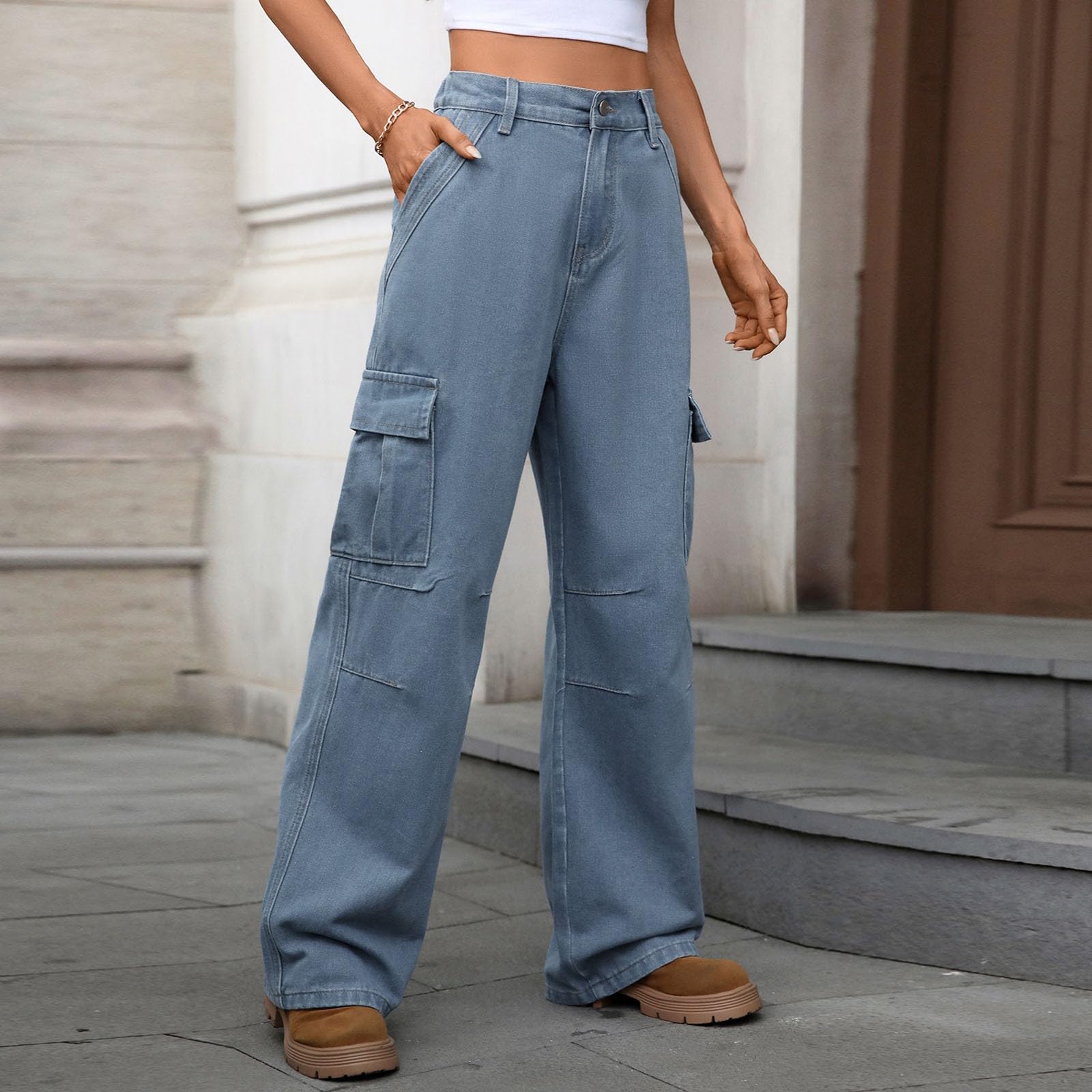 Jeans Mujer Vaqueros Pantalones Elasticos Wide Leg Cargo Ropa Casual Push Up Y2K De Tallas Grandes Baile Urbano Rectos Talla Grande