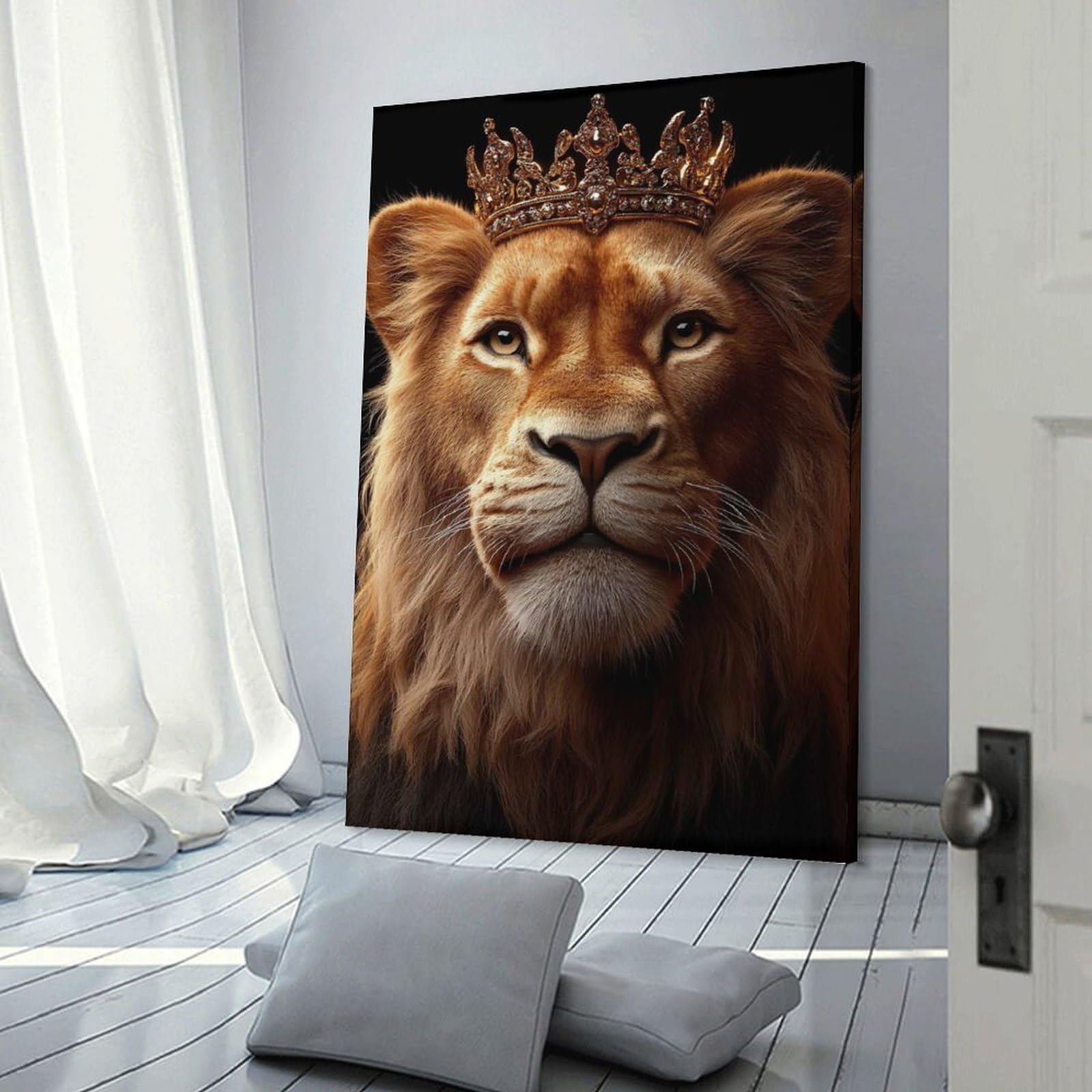 Junmoney Lion King with Golden Crown Canvas Wall Decor, 24x36inch(60x90cm), for Gallery Wall Decor And Room Displays, Wall Decor Suited to Curated Displays