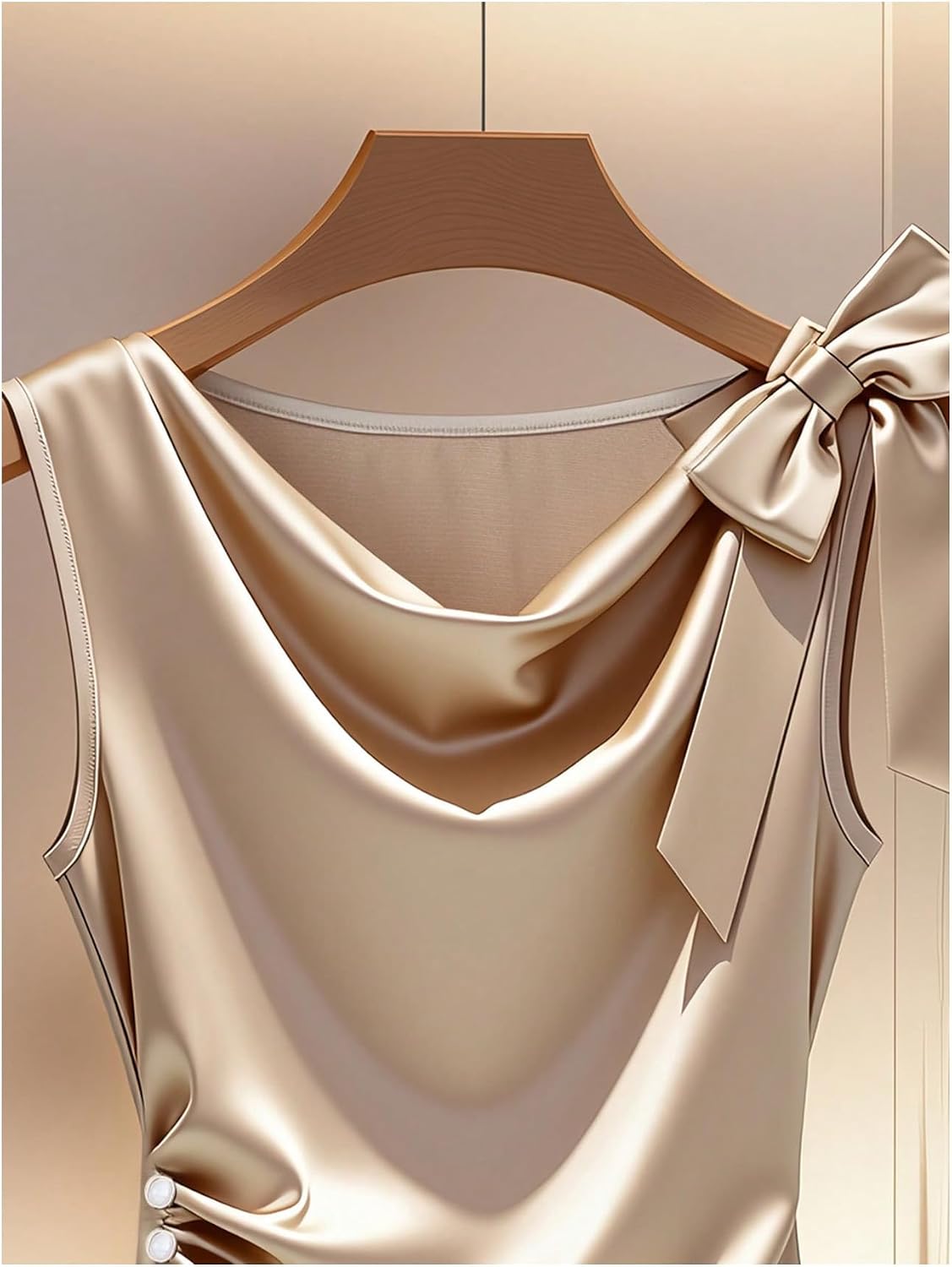 SHENHE Women's Elegant Satin Bodysuit Cowl Neck Sleeveless Bow Ruched Dressy Blouse Bodysuit