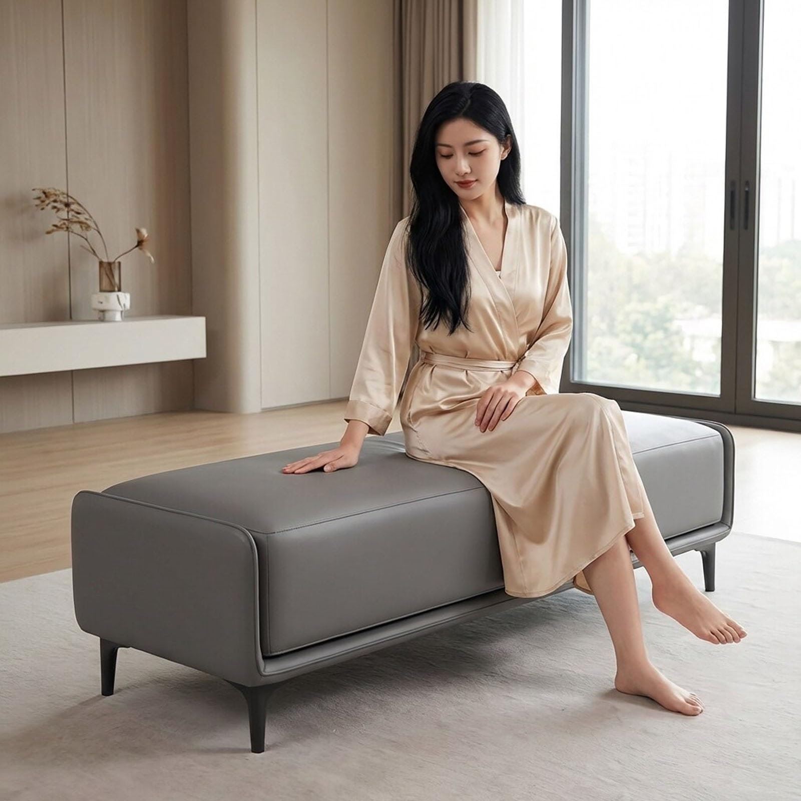 Pouf ottoman moderne en cuir synthétique avec triple couche de mousse polyvalente pour salon et chambre à coucher 120 cm