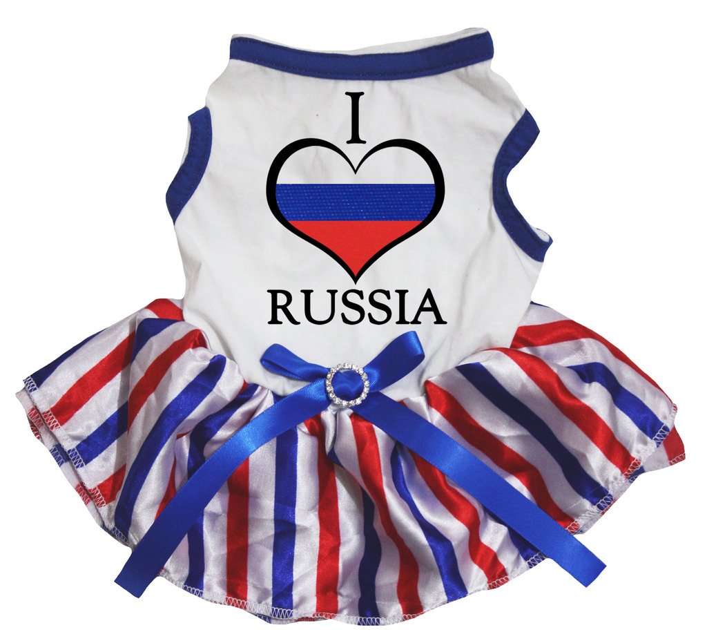 Robe tutu pour chiot aux rayures bleu blanc rouge I Love Russie