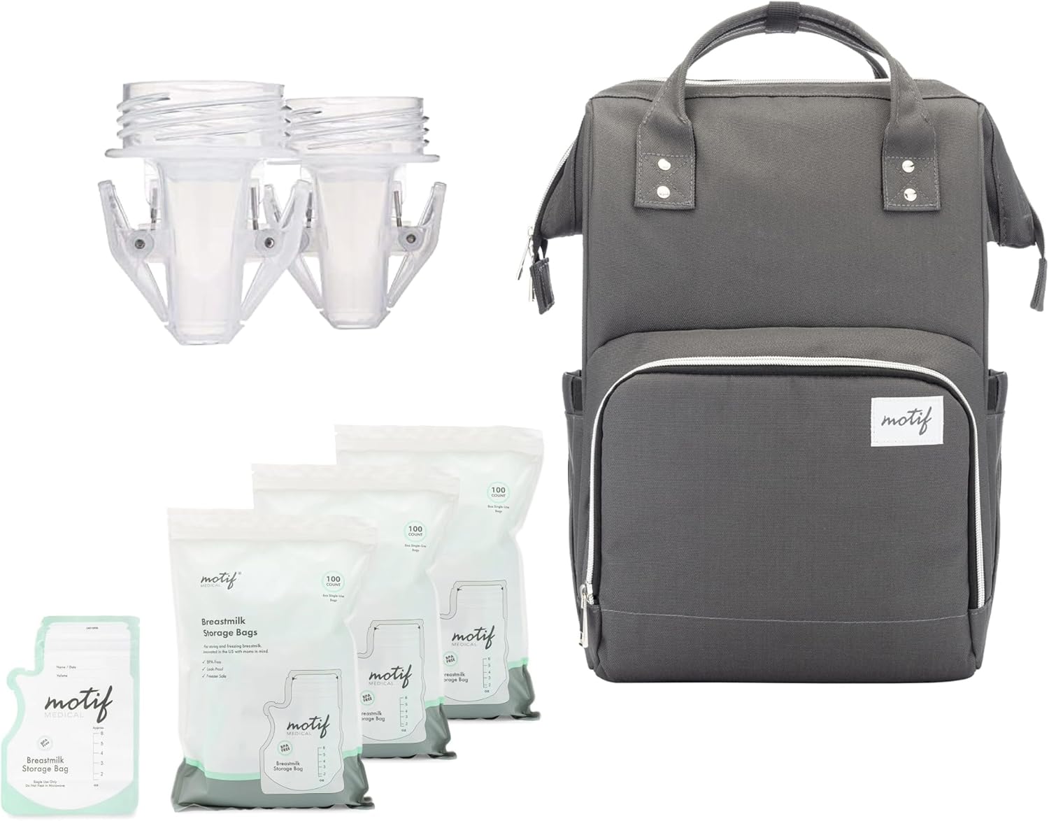 Motif Medical, Maternity Gift Bundle, Maternity Backpack, 300 Milk Storage Bags, & Pump-to-Bag Adapters, Insulated Nursing Bag for Breast Pump, Breast Milk, Feeding Bottle