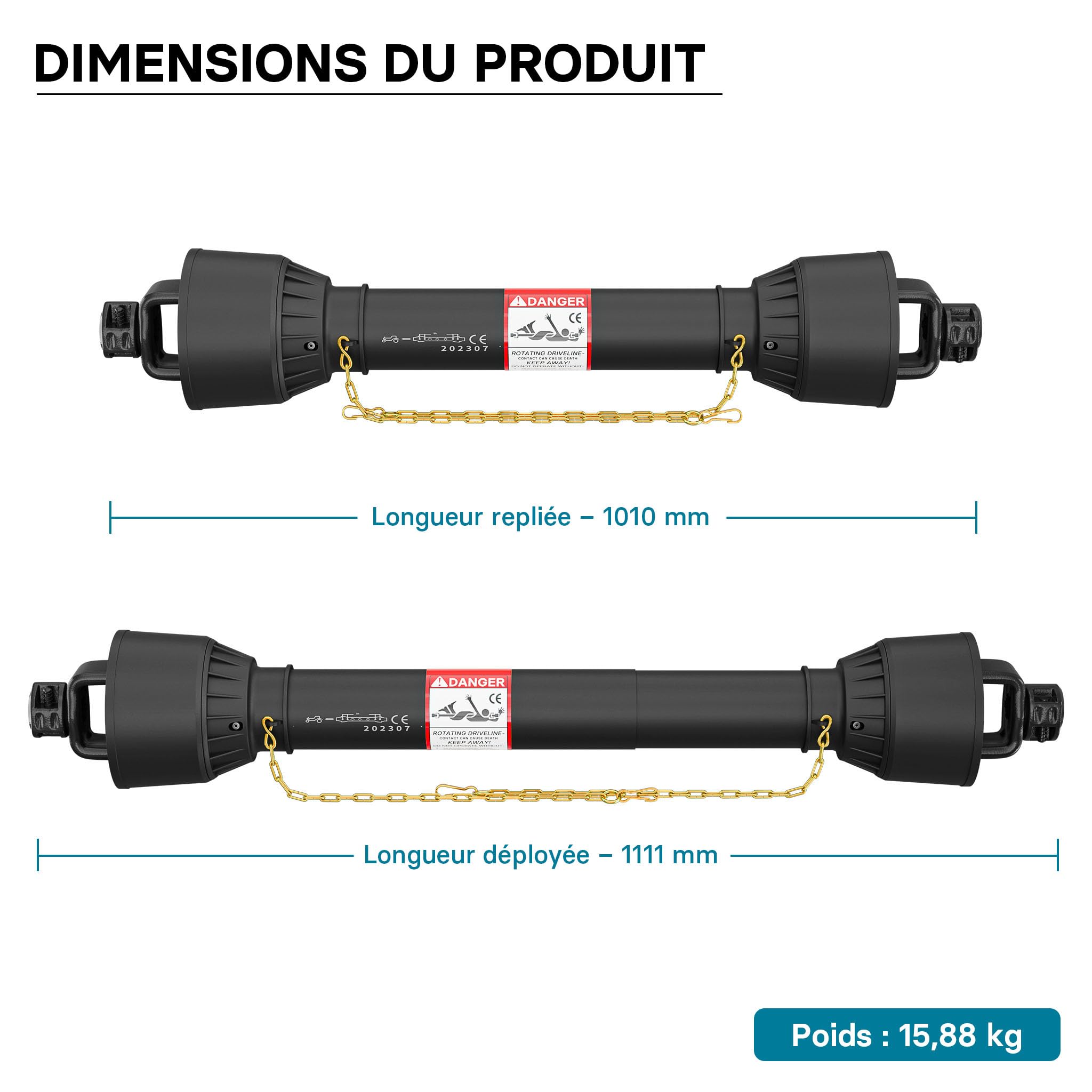 WilTec Arbre de Transmission T6 Cardan 1010-1111mm 830Nm 540tr/min, Prise Force, 74kW (100CV), 2x1 3/8" 6D