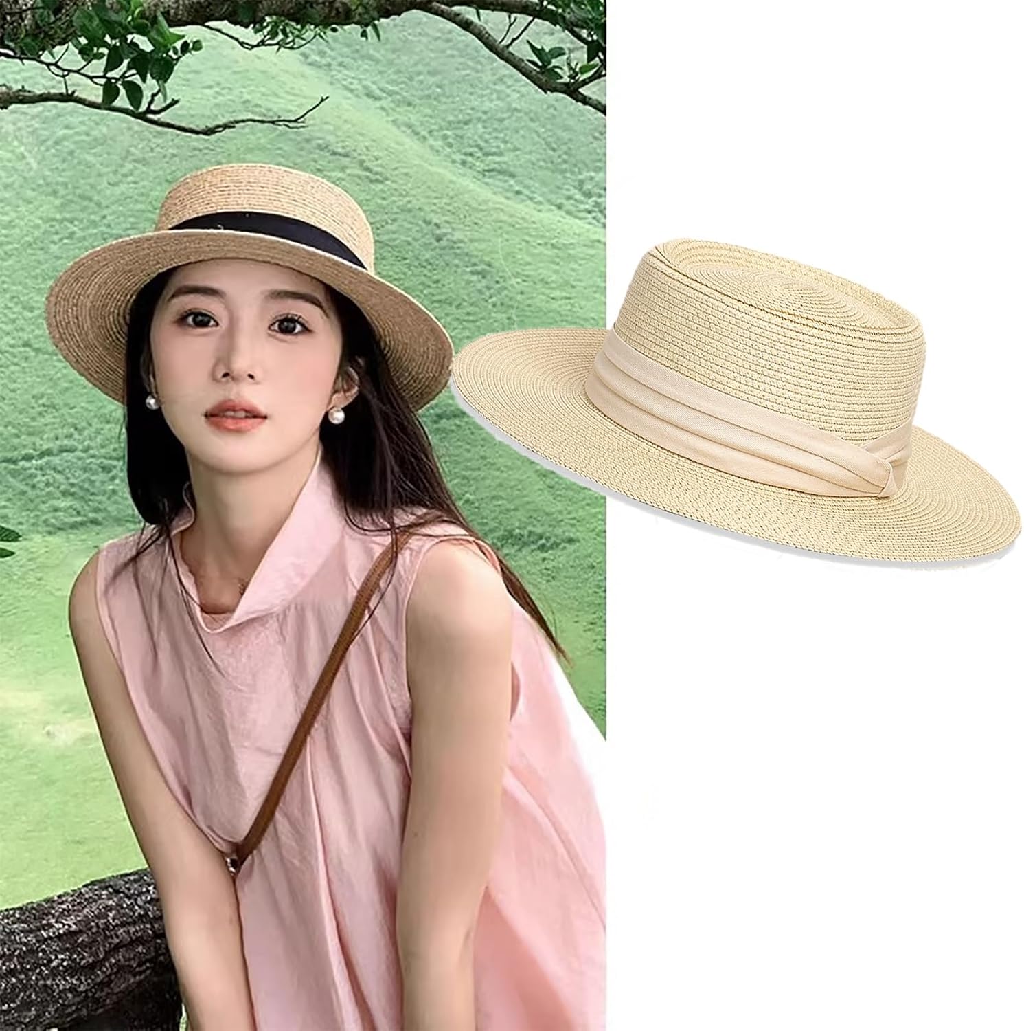 Straw Beach Hat for Womens Summer Classic Boater Sun Hat Flat Top Classic Sun Hats for Summer