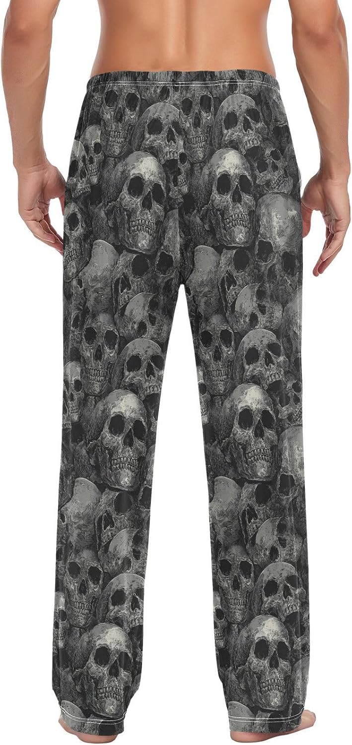 Pfrewn Mens Pajama Pants Black Monochrome Human Skulls Lounge Pants Straight-Fit Soft Pajama Bottoms with Pockets M - Image 2
