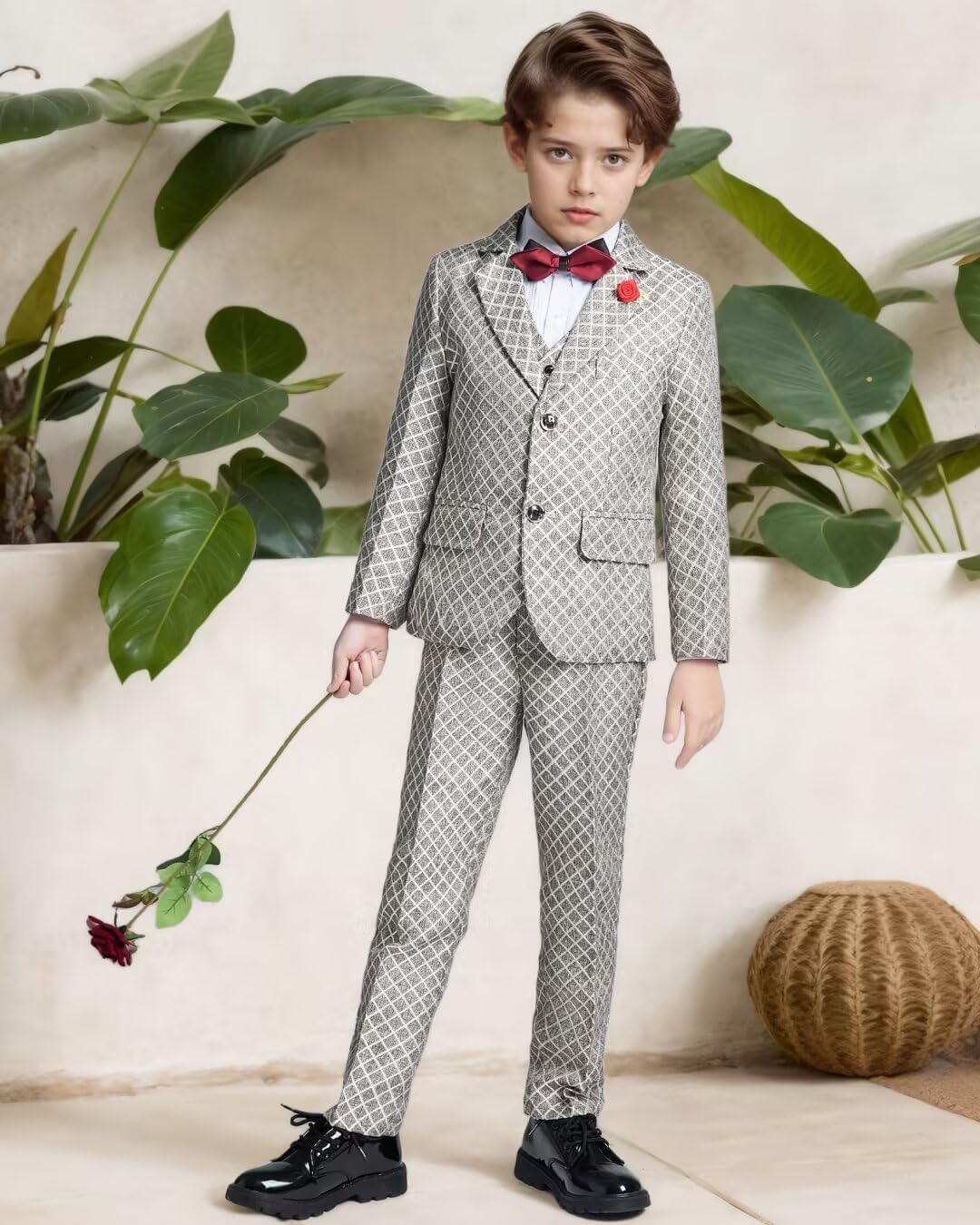Boys Slim Tuxedo Teenage Plaid Suit 5 Piece Wedding Party Shirt Vest Jacket Pants Bowtie