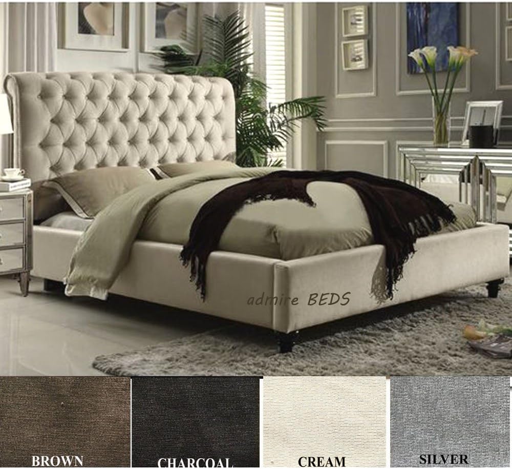 Admire BEDS New Rome Quality Upholstered Chesterfield Design Sleigh Bed Frame in luxurious Cream Naples Suede (British Velvet) Fabric 5 Ft (King Size) [Energy Class A+]