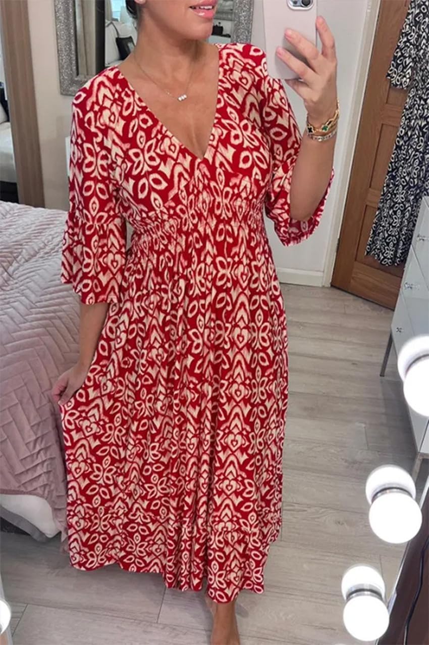 Apvirdy Summer Dresses for Women 2024 Casual V Neck Floral Bohemian Wrap 3/4 Sleeve Midi Boho Dress - Image 2