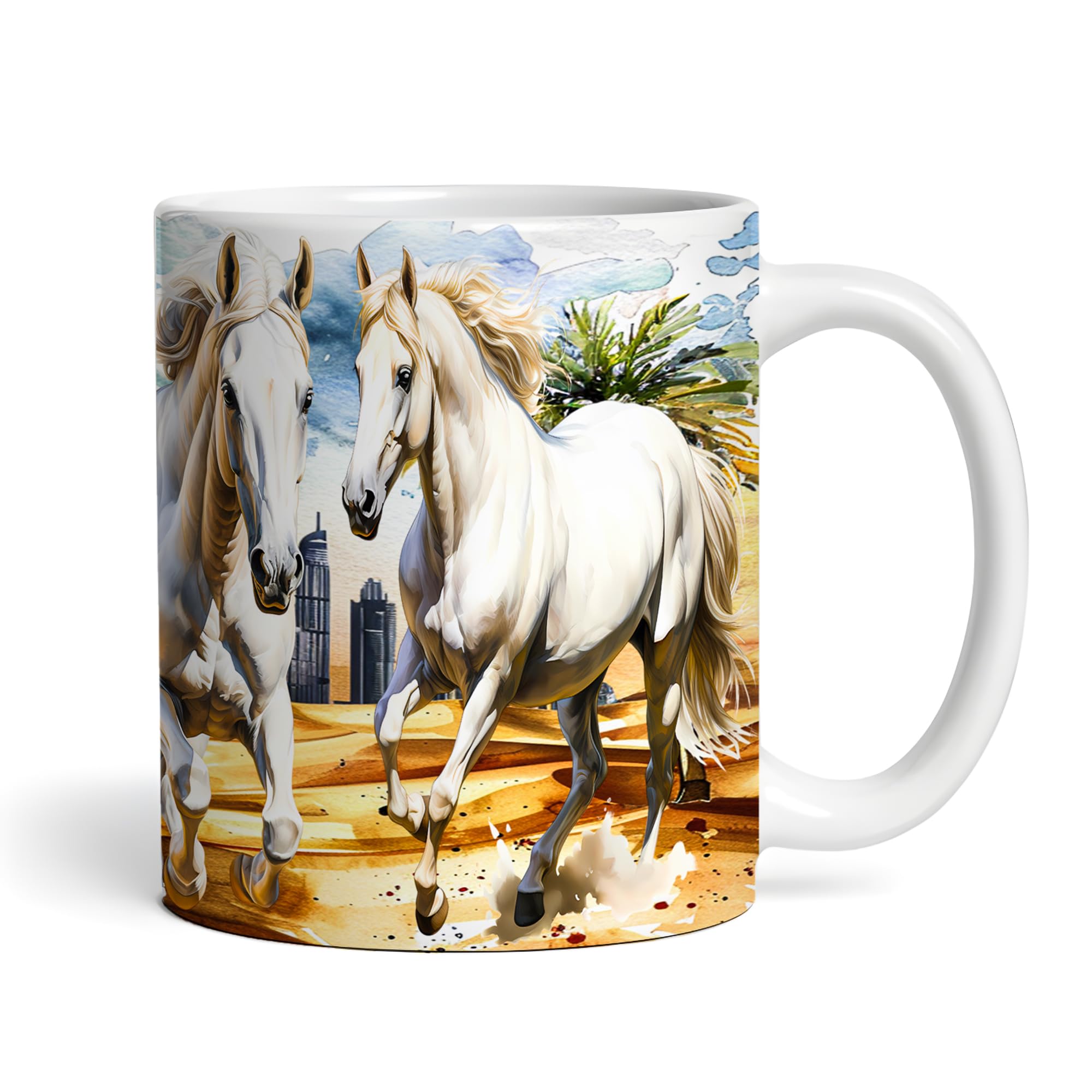 Dynamic Watercolor Horse Mug – 11oz Ceramic Coffee Cup with Running White Horses in Desert, Dubai Skyscrapers, Palm Trees, Great Gift for Horse Lovers and Equestrian Enthusiasts