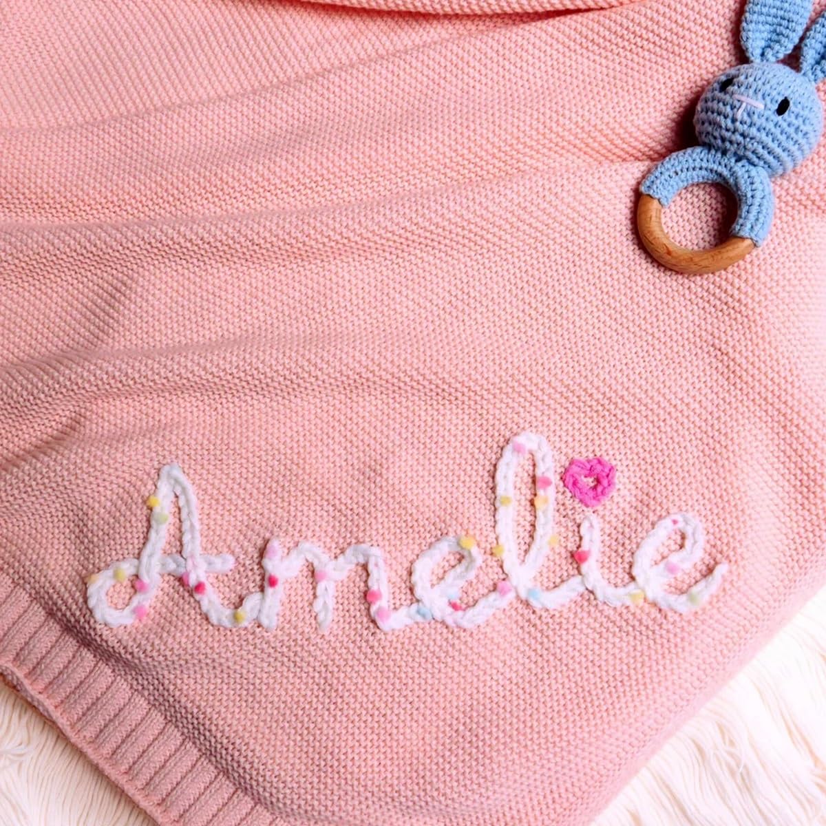 Herstl Light Pink Personalized Embroidered Baby Blanket, Soft Cotton Knitted Stroller Blanket With Name, Breathable Newborn Receiving Blanket, (Light Pink)