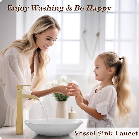 Brass Vessel Sink Faucets, Brushed Gold Tall Bathroom Faucet Single Handle, 1 Hole Bathroom Sink Faucet Waterfall Farmhouse Single Faucet Bathroom Sink with Pop-Up Drain & Pre-Installed Hoses