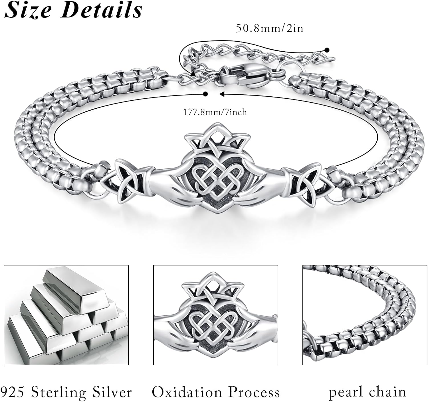 CUOKA MIRACLE Claddagh Bracelet for Men, Sterling Silver Irish Jewelry Couple Claddagh Heart Bracelets Birthday Jewelry Gift Adjustable Link Lucky Charm Bracelets - Image 4