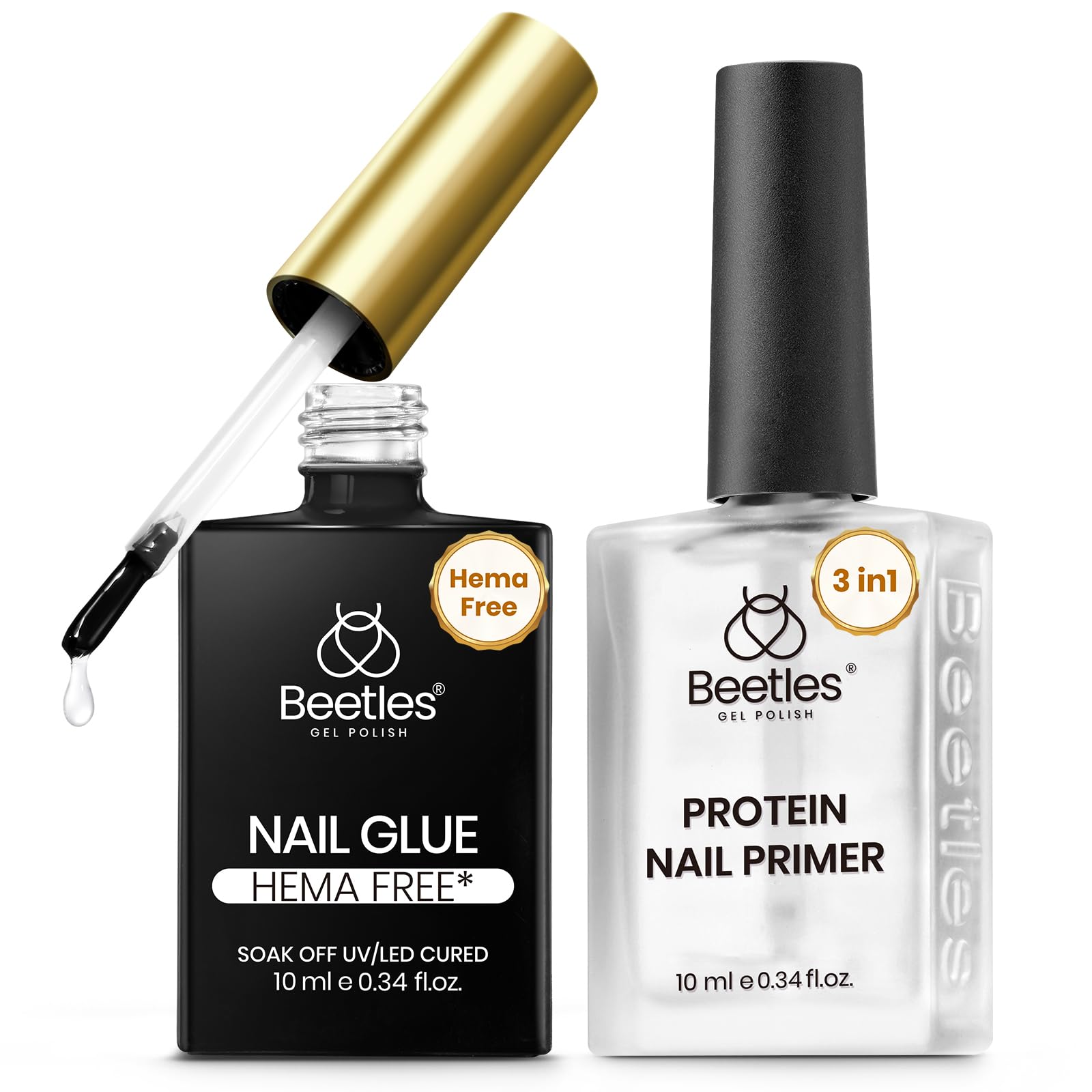 Beetles HEMA-Free Nail Glue & Primer Set, 2Pcs 10ml Super Strong 9 in 1 Nail Glue Gel and Bond Primer for Acrylic Fast Dry Supplies, Long-Lasting Professional Kit, U V Light Required