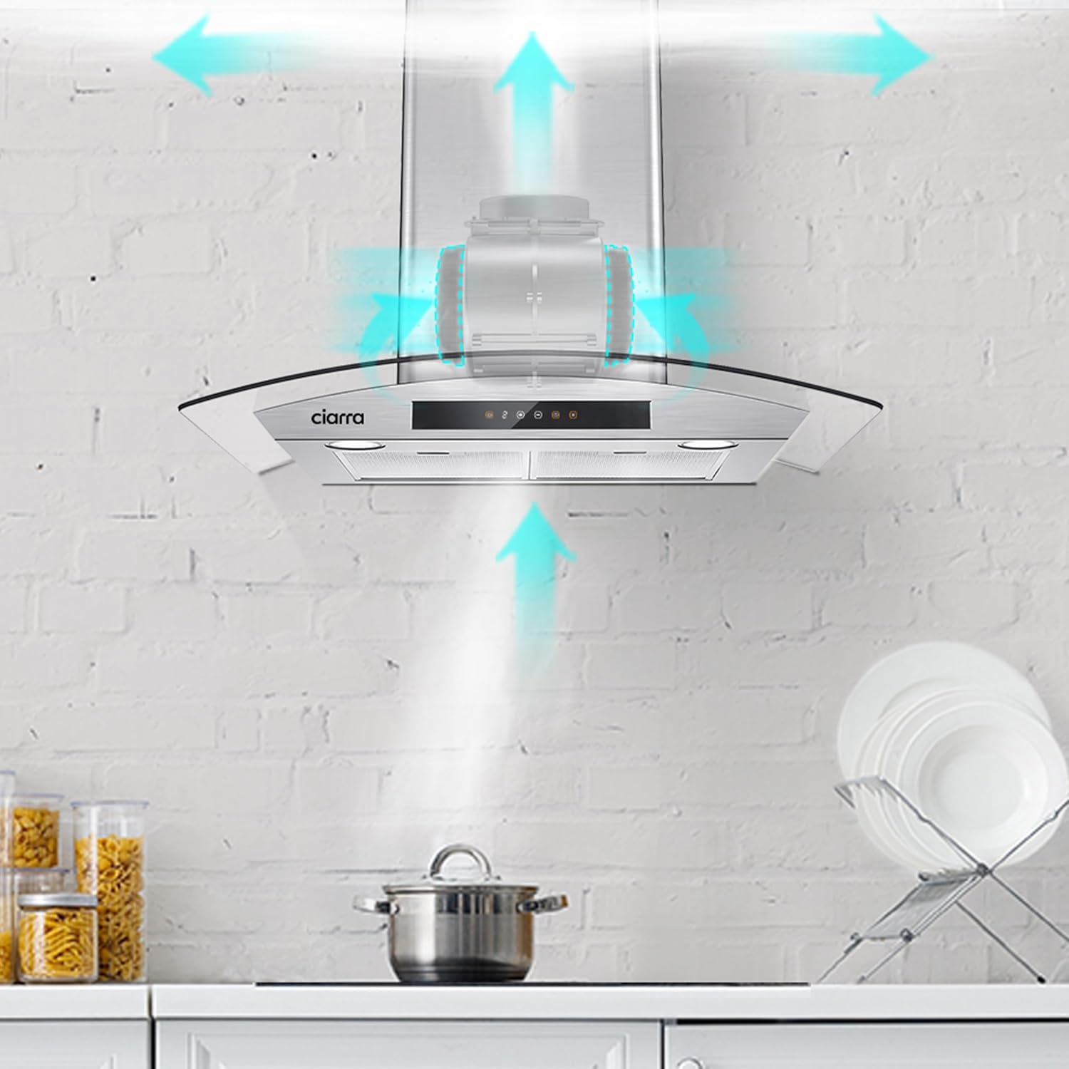 Wall Mount Range Hood with Carbon Filters, 30 Inch Range Hood with Soft Touch Control, Timer Function, Ducted and Ductless Convertible, Stainless Steel, CIARRA CAS75502-003