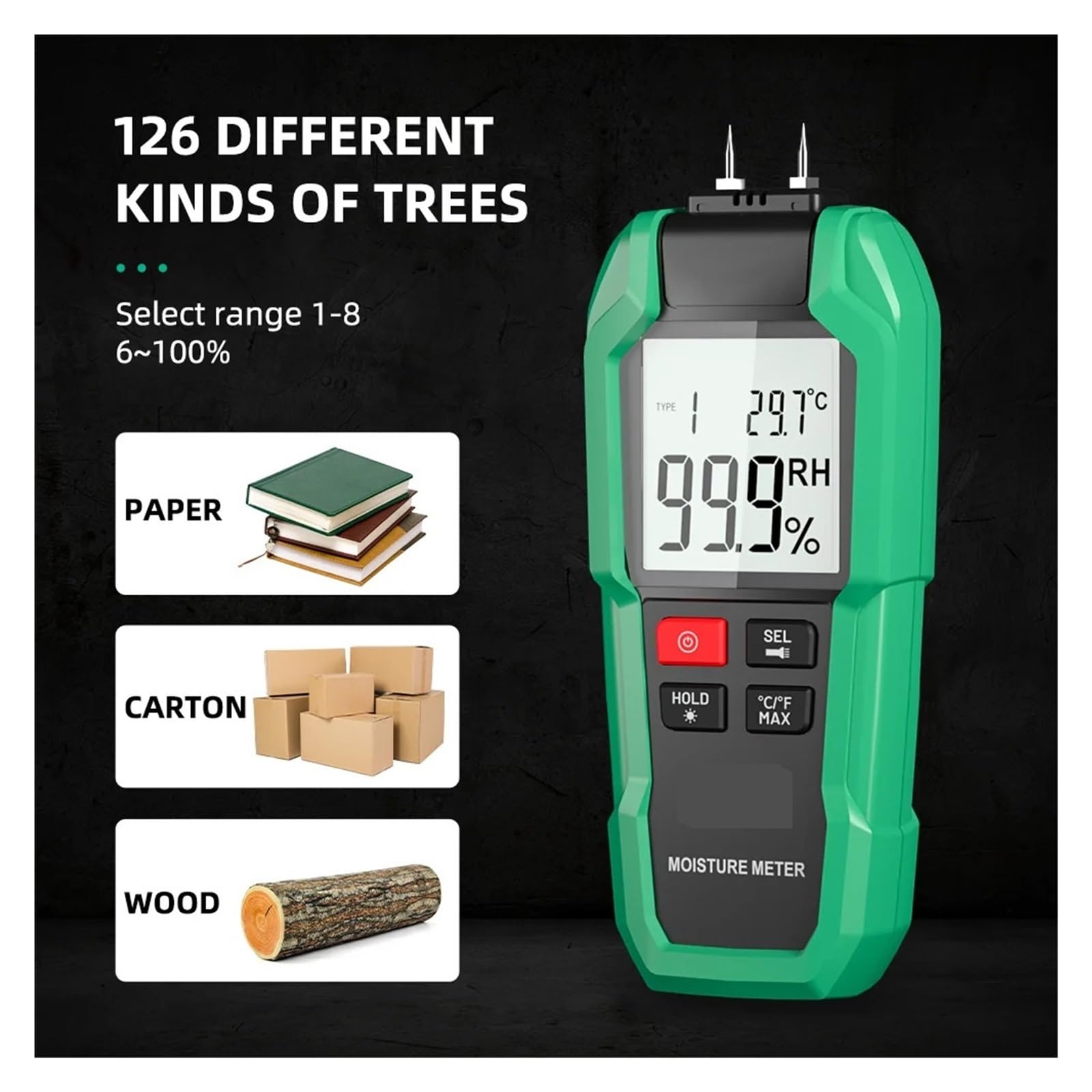 Medidor de humedad madera digital dos pines, 6-100%, detector con plla LCD grande Alta precisión