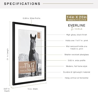 MCS Everline Collection 14x20 Matted Poster Frame with 11x17 Picture Display, Black Vertical & Horizontal Wall Hanging Large Frame for Photos, Posters & Art Prints (1-Pack)