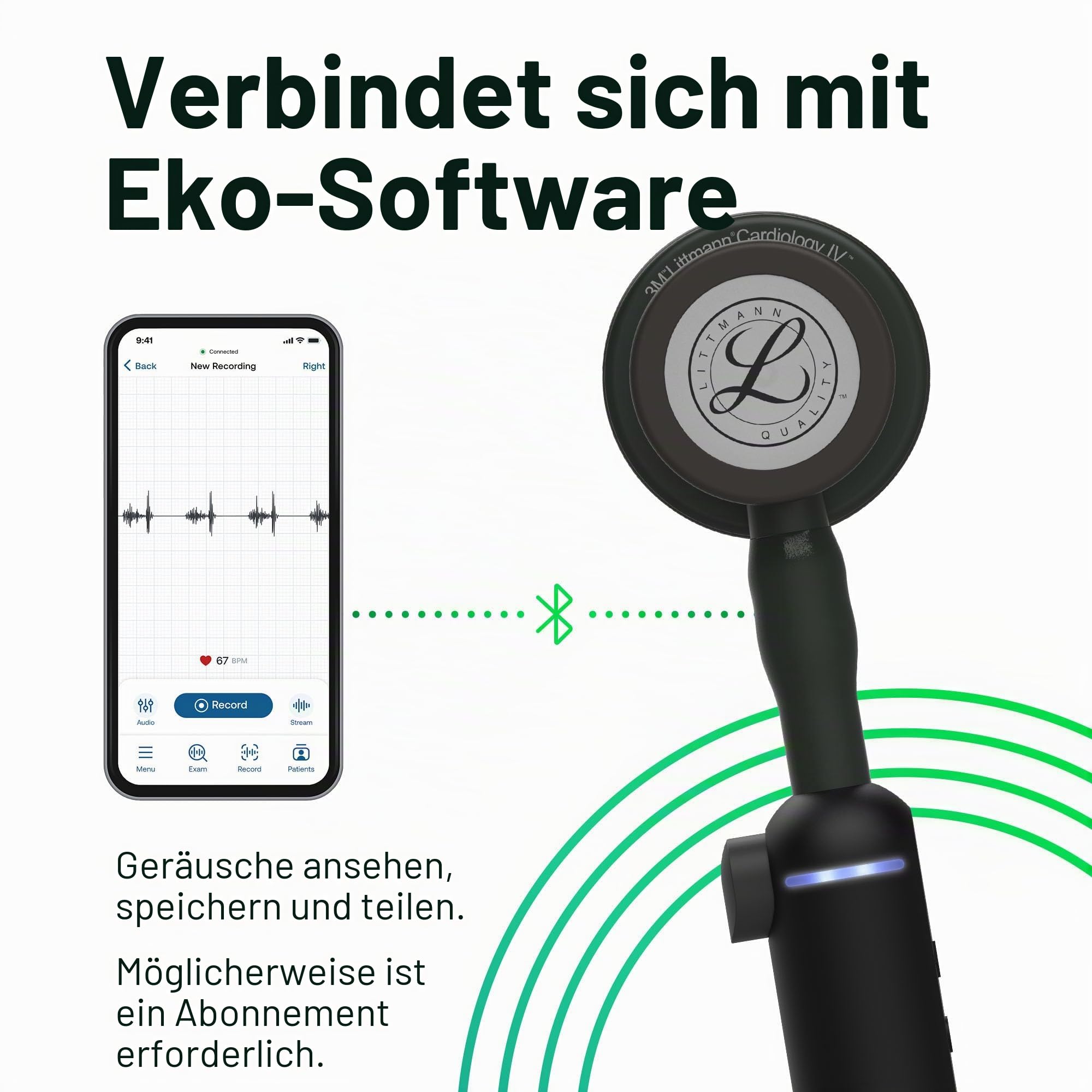 Littmann CORE Digital Stethoskop, 8490, Schlauch Schwarz | Schwarzes Bruststück. Bis zu 40-fache Verstärkung und aktive Geräuschunterdrückung. Für Ärzte und Medizinstudenten