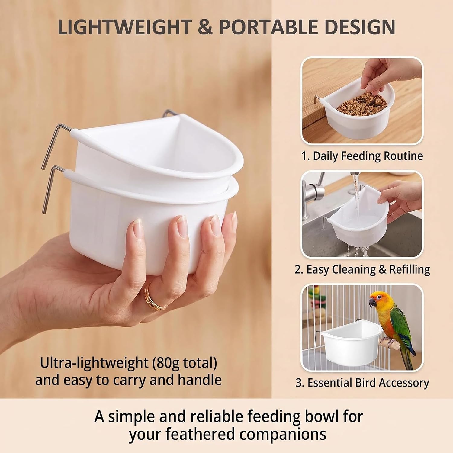 2Pcs White Bird Feeding Hanging Cups with Metal Hooks image 5