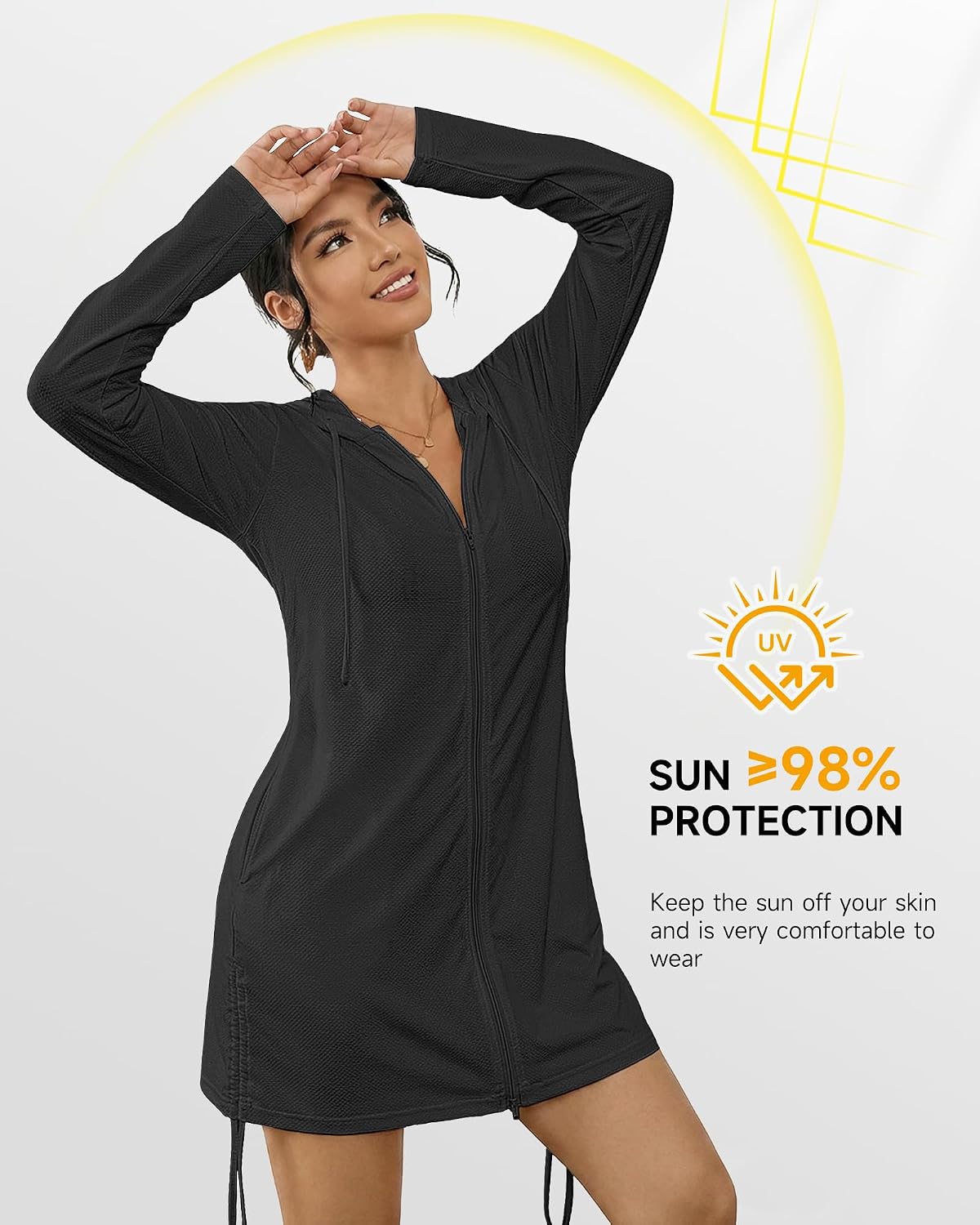 Bsubseach Womens Swim Cover Up UPF 50+ Long Sleeve Hooded Zip Jacket Sun Protection SPF Drawstring Beach Coverup Dress