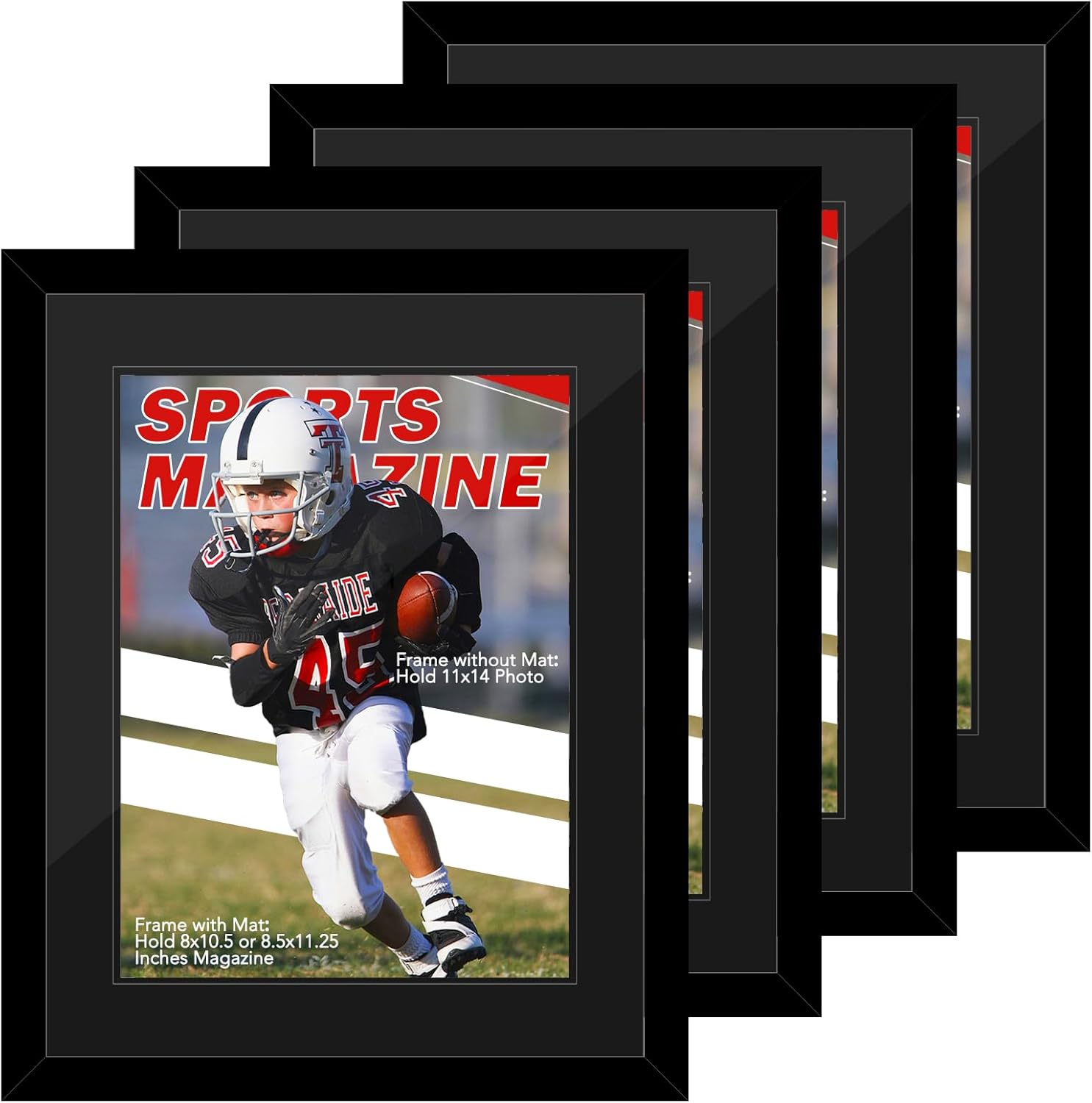 OMISHE 4 Pack Sports Magazine Frames, Fit 8.0x10.5 or 8.5x11.25 inch Magazine Display, Magazine Frames for Wall, Black, Black Mat