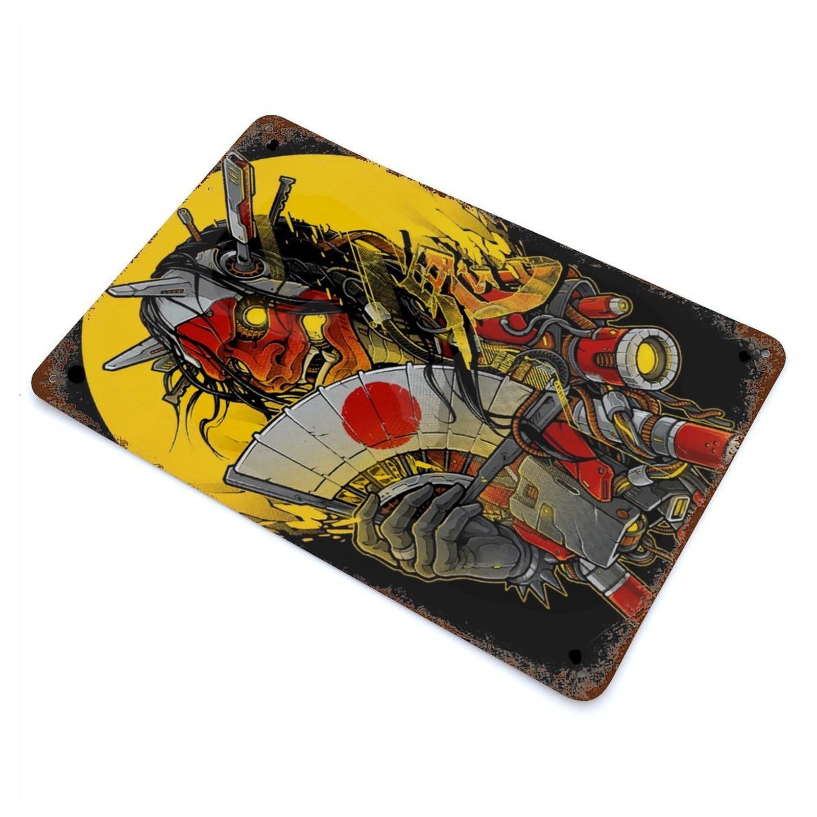 Oni Mask with Japanese Fan Rusty Metal Tin Sign 11.8"x7.9", Industrial Home Decor for Garage, Pub Or Kitchen