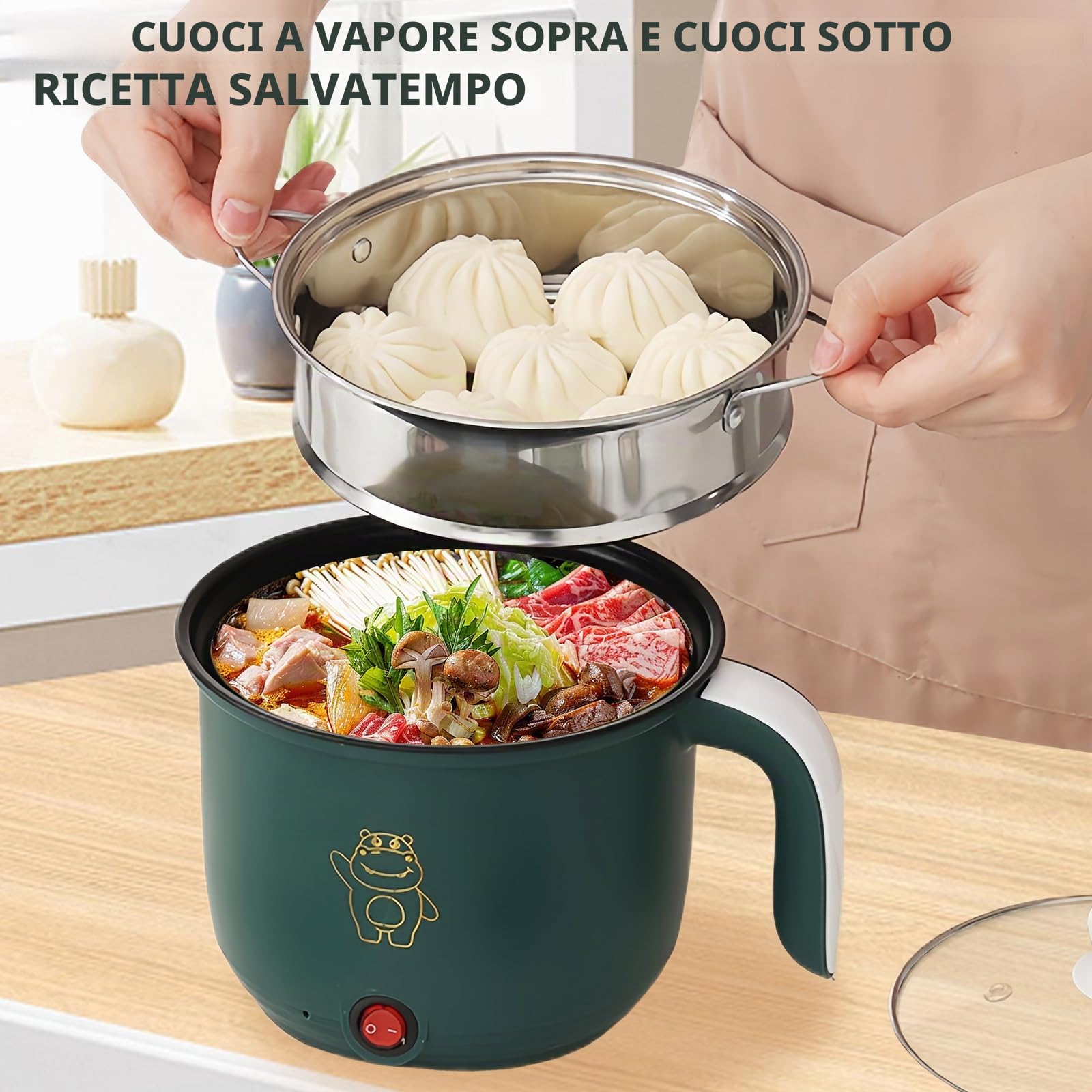 Padella elettrica, Mini elettrica calda pot, 1,8 litri elettrico caldo pot, portatile antiaderente multicooker, portatile veloce, pentola elettrica per casa ufficio sonno+vapore