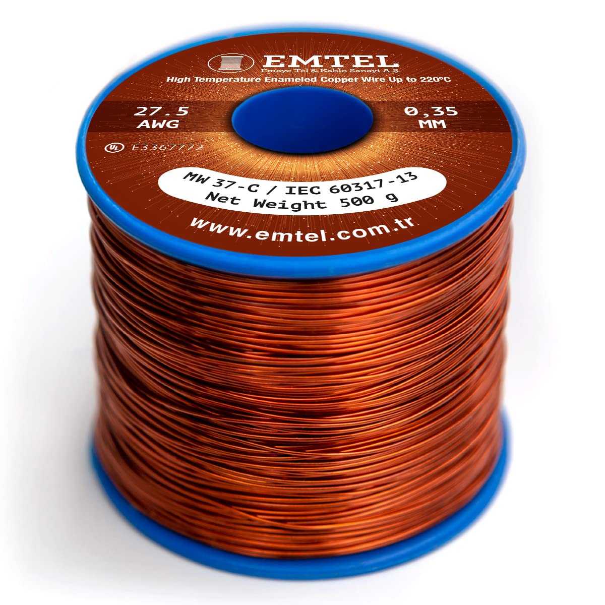 Emtel 0.35 mm - 500 gr - 572 mètres Fil de cuivre émaillé - Fil d'enroulement pour moteur, transformateur, haut-parleur, bobine magnétique - Fil magnétique jusqu'à 220°C - Isolation double couche