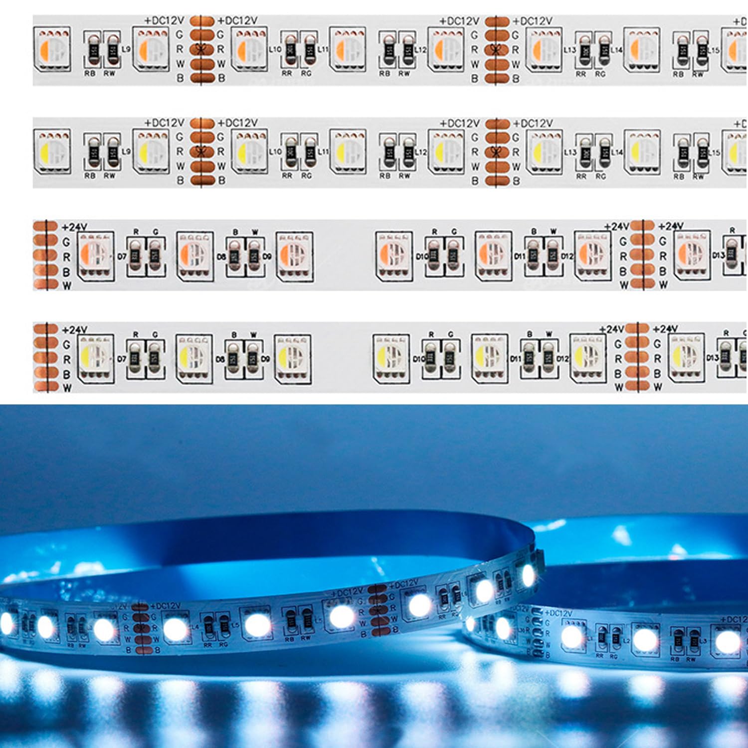 TOPXCDZ 5 m RGBW RGBWW 5-pin 4 colour in 1 LED strip 60 leds/m 5050 SMD flexible high brightness lights bar DC 12 V 24 V IP30/65/IP67 (IP30 not waterproof, DC12 V RGBW)
