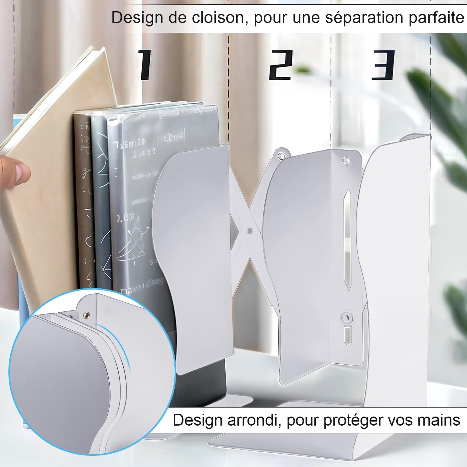 DARUITE Serre-Livres en Métal Réglable et Robuste - Organiseur et Accessoires de Bureau Scolaires pour la Maison, l'École, Bibliothèque - Blanc X 2