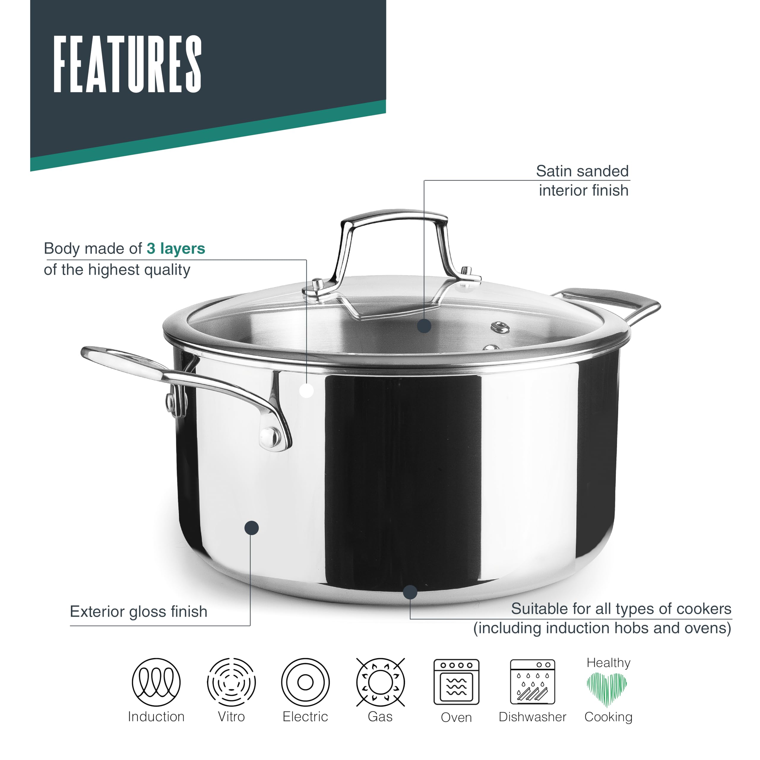 Lacor - 60870 - Trichef Kasserolle, 3 L, 20 cm, Edelstahl 18/10 und 1060-Aluminium, dreilagig, Griffe und Knopf aus Stahlguss, Geeignet für Induktion, Backofen und Spülmaschine