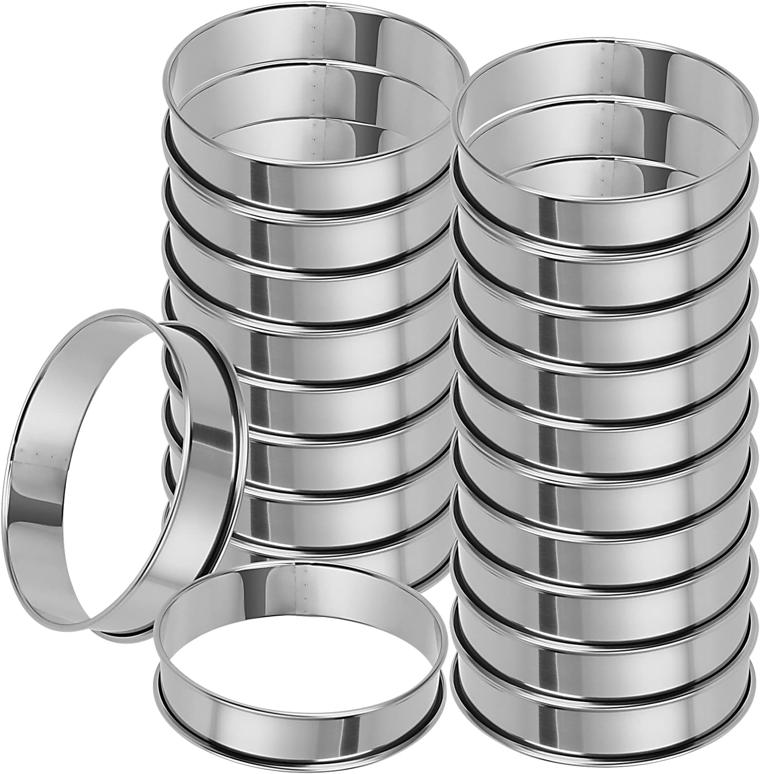 MUKLEI 20 Pack 4 Inch English Muffin Rings, Double Rolled Tart Ring, Stainless Steel Crumpet Rings Nonstick Metal Round Ring Pastry Mold for Baking, Silver