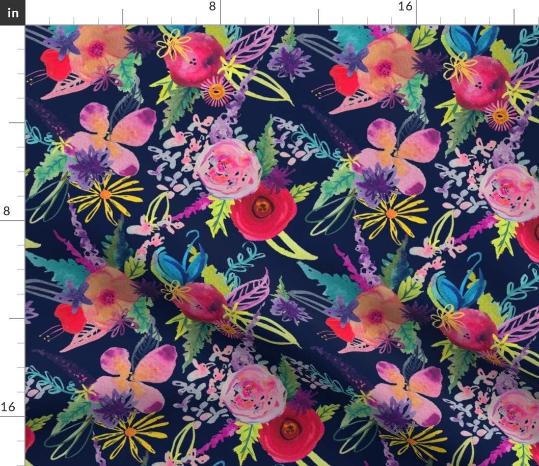 Spoonflower Fabric - Summer Navy Blue Floral Hot Pink Flowers Girl Print Neon Colors Printed on Petal Signature Cotton Fabric Fat Quarter - Sewing Quilting Apparel Crafts Decor