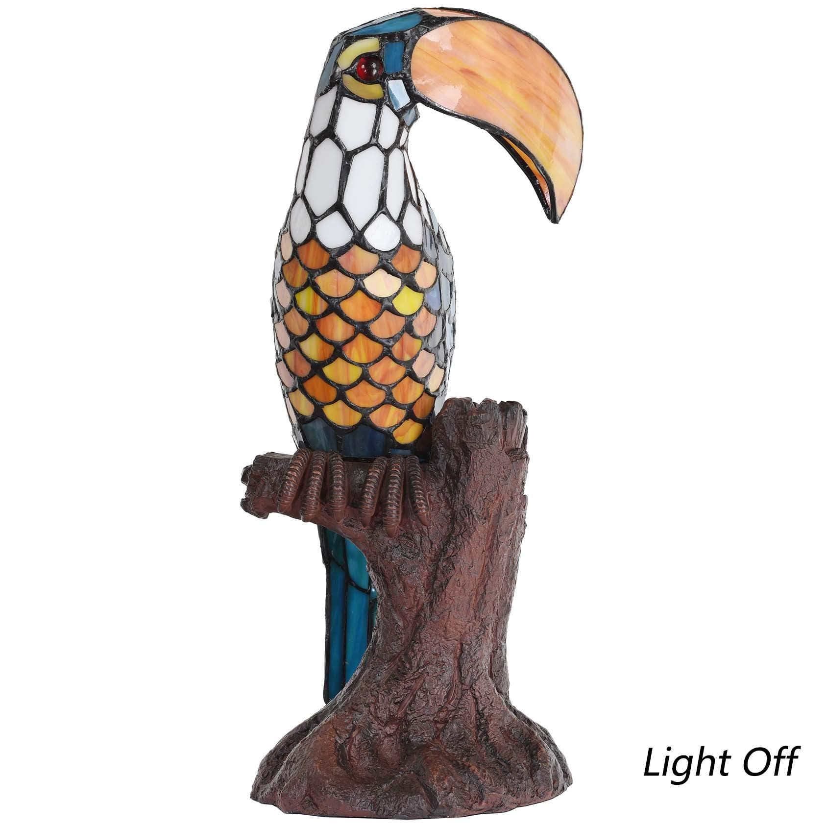 Bieye L30813 Lampada da tavolo decorativa in vetro colorato in stile Tiffany con tucano su tronco d'albero, luce notturna. Altezza 16,25 pollici